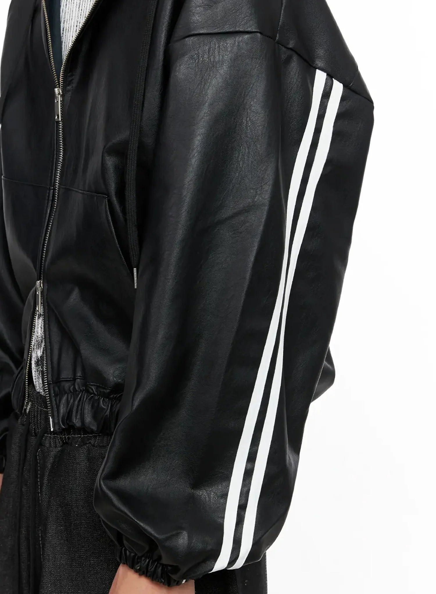 Men's Faux Leather Track Hooded Jacket IO517