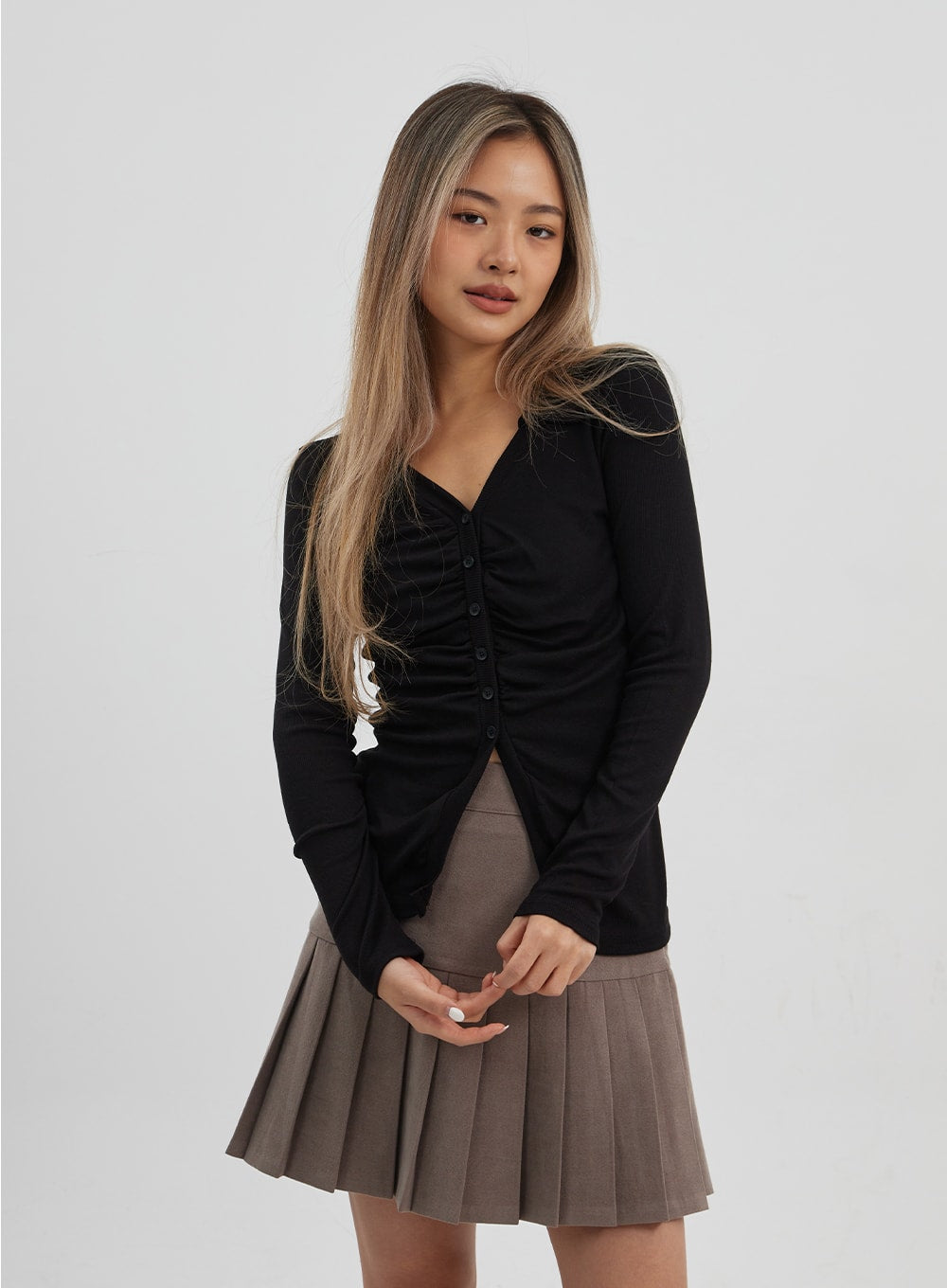 Ruffle Bust Button V-Neck Top CJ325