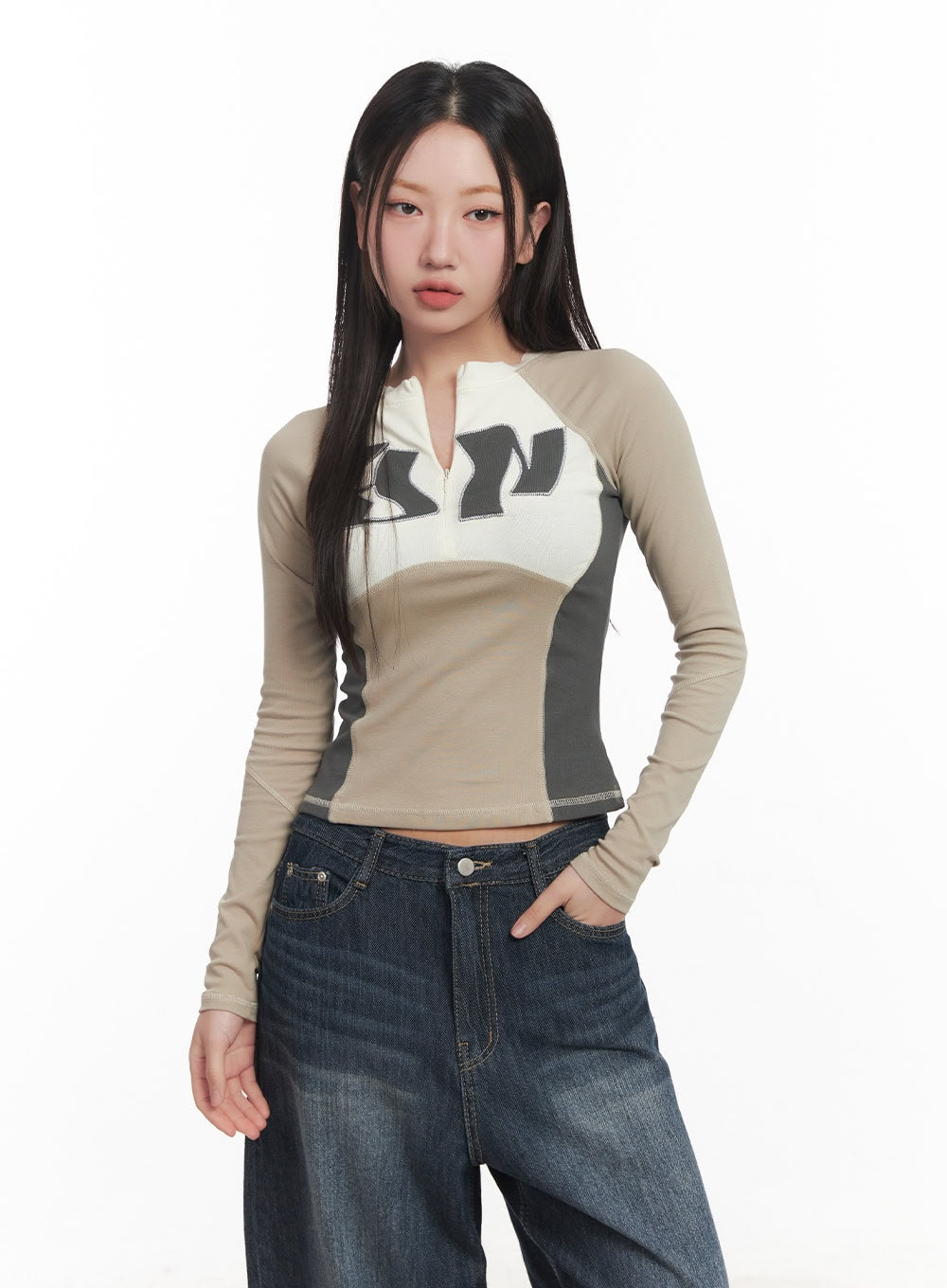 Stitched Half-Zip Long-Sleeve Crop Top CA521