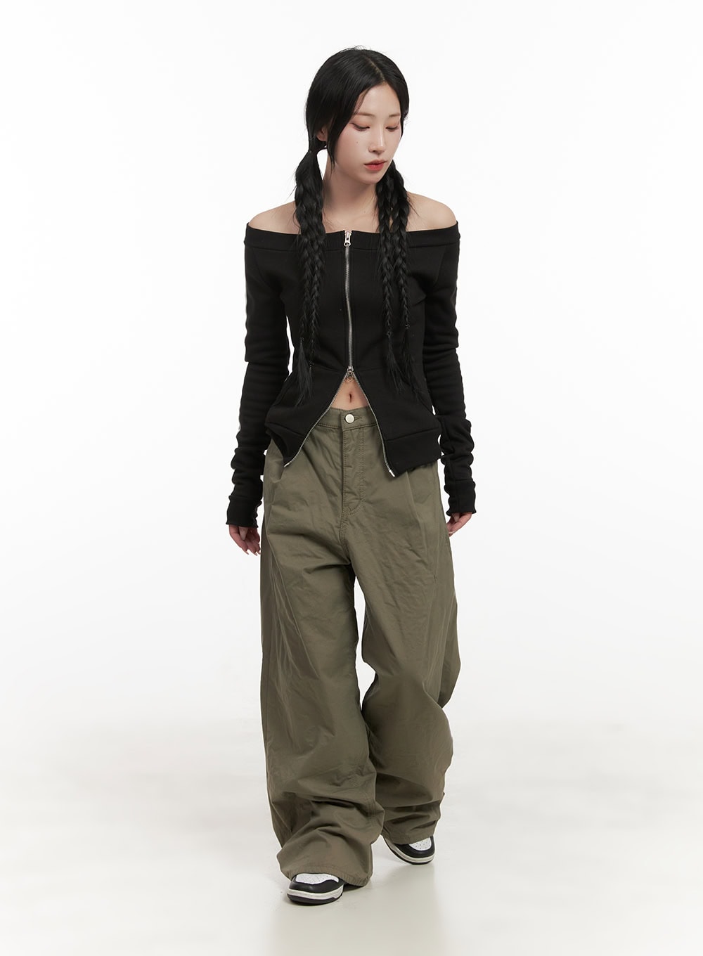 Off Shoulder Zip-Up Long Sleeve Top CD410