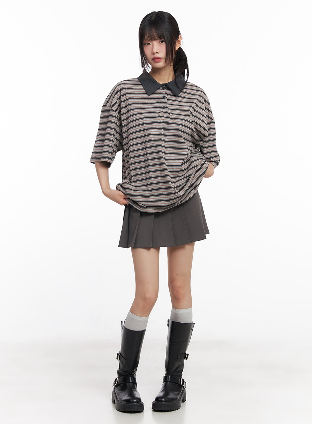 Oversized Striped Short Sleeve Polo Shirt CY514