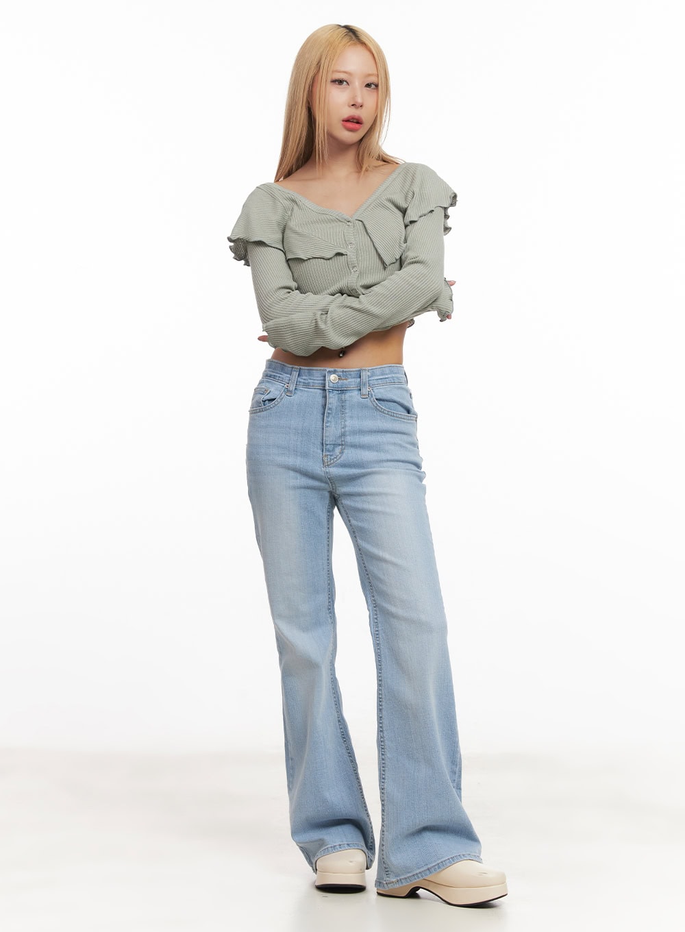Frill Layered Long-Sleeve Button Crop Top CM505