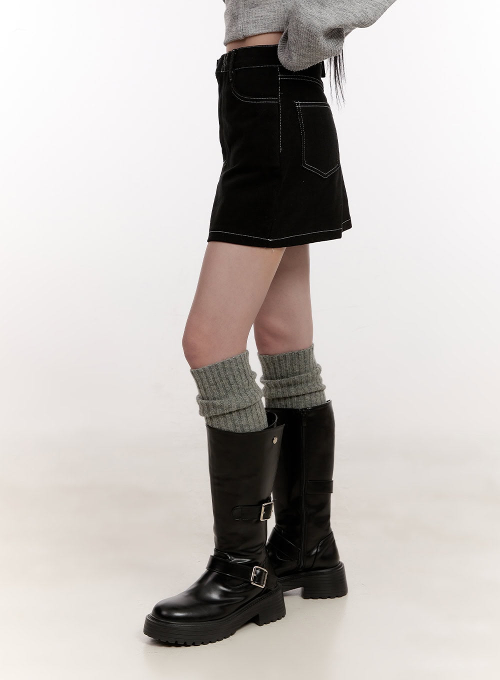 Buckle Stitched Denim Mini Skirt CJ529