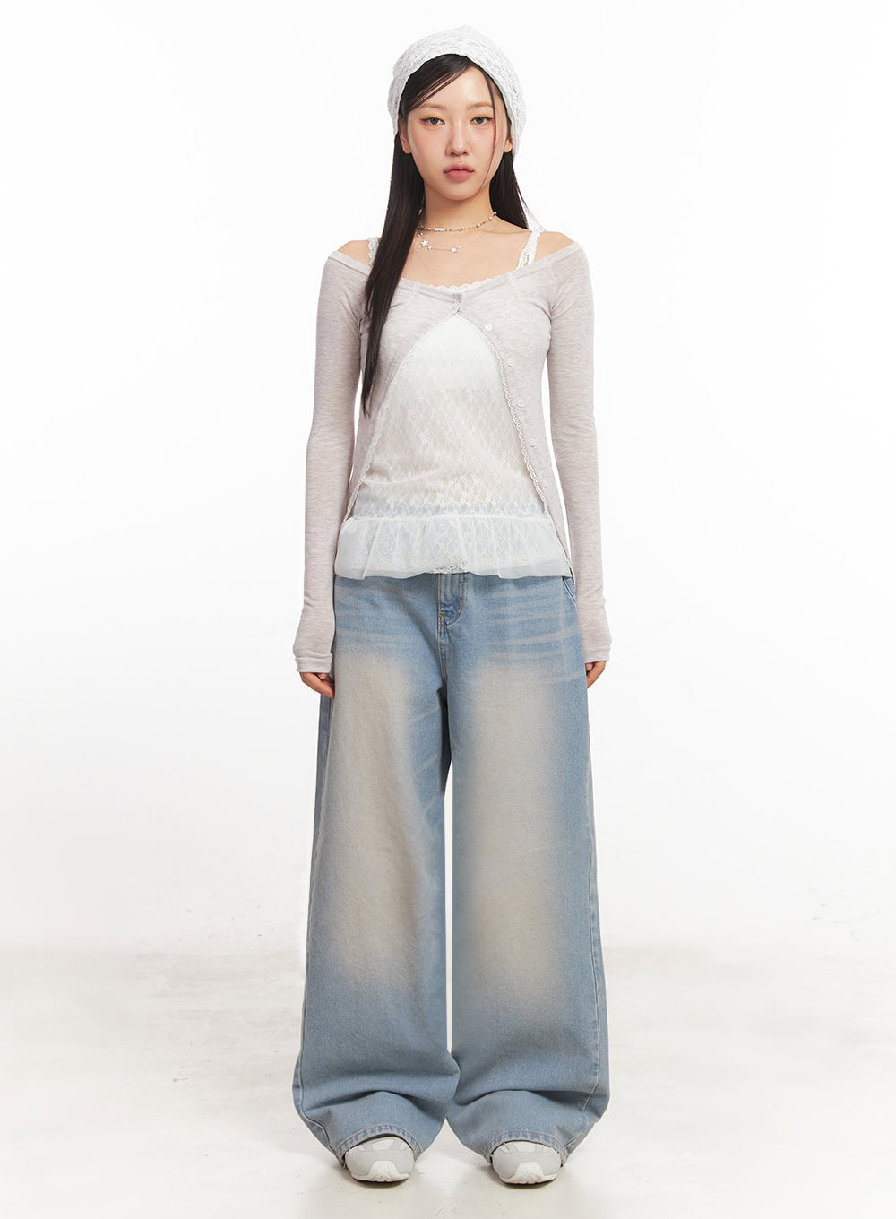 Lace Buttoned Off-Shoulder Cardigan IA524