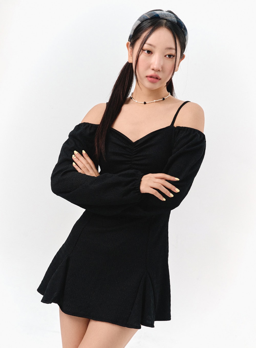 Off-Shoulder Shirred Mini Dress IS301