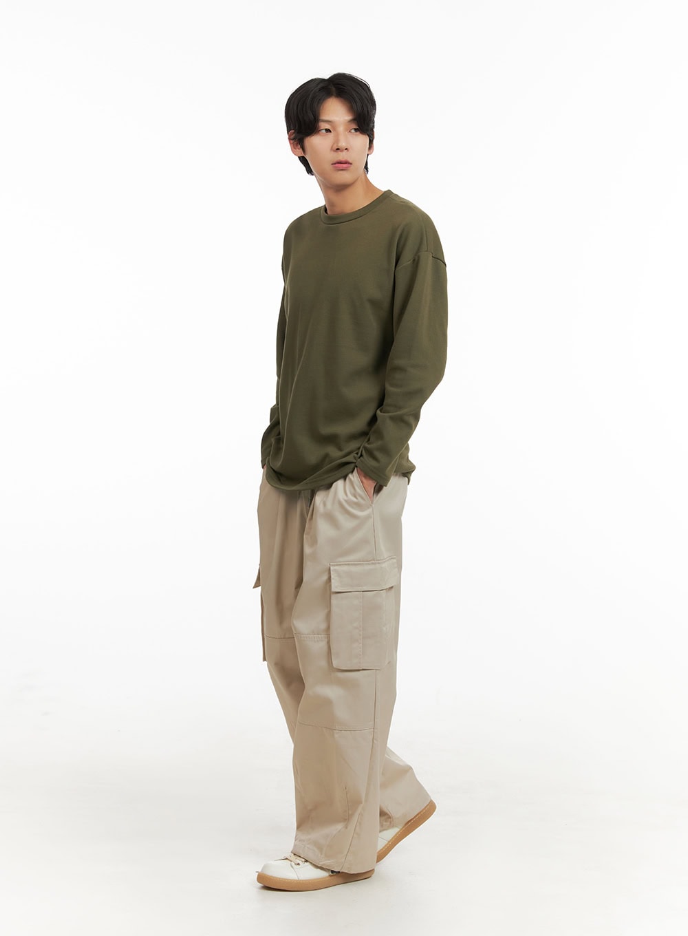 Men's Basic Oversize Long Sleeve Tee (Dark Green) IY402
