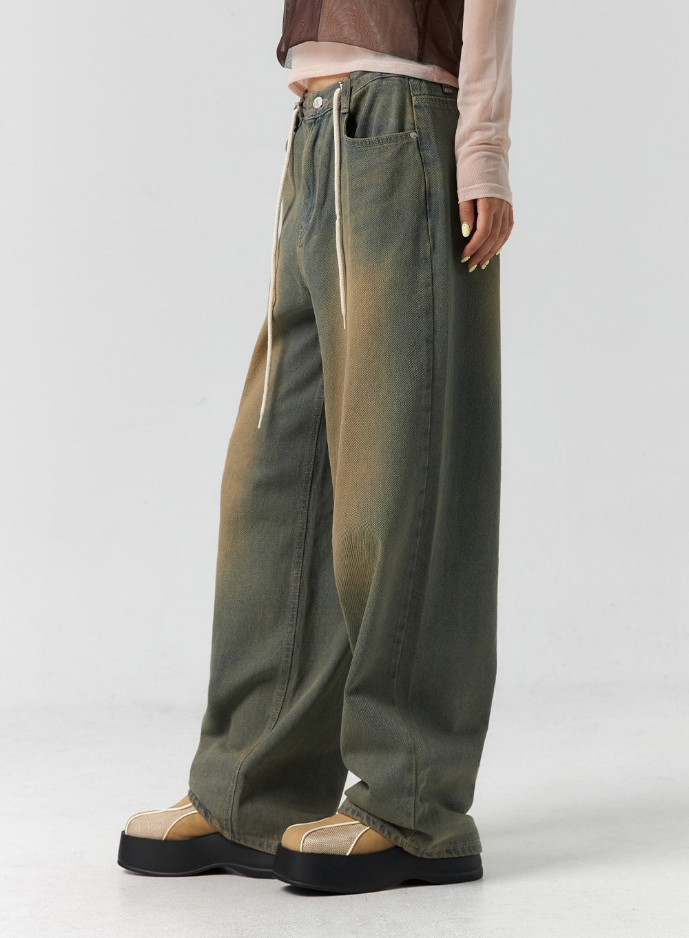 String Washed Wide Leg Jeans CS302