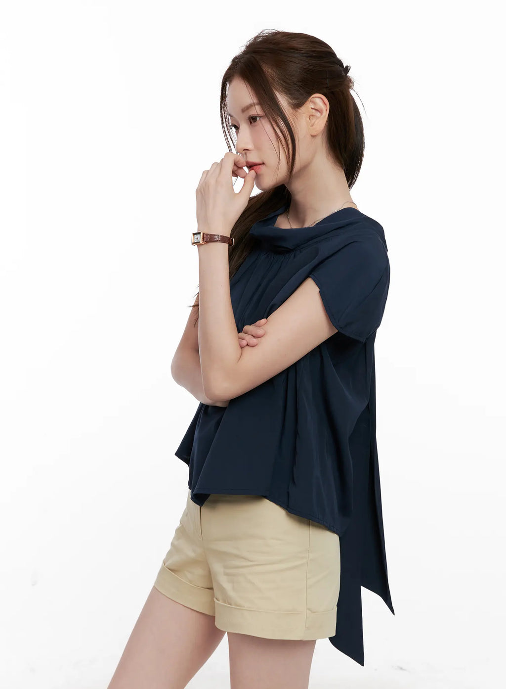 Shirred Ribbon Short-Sleeve Blouse CL523