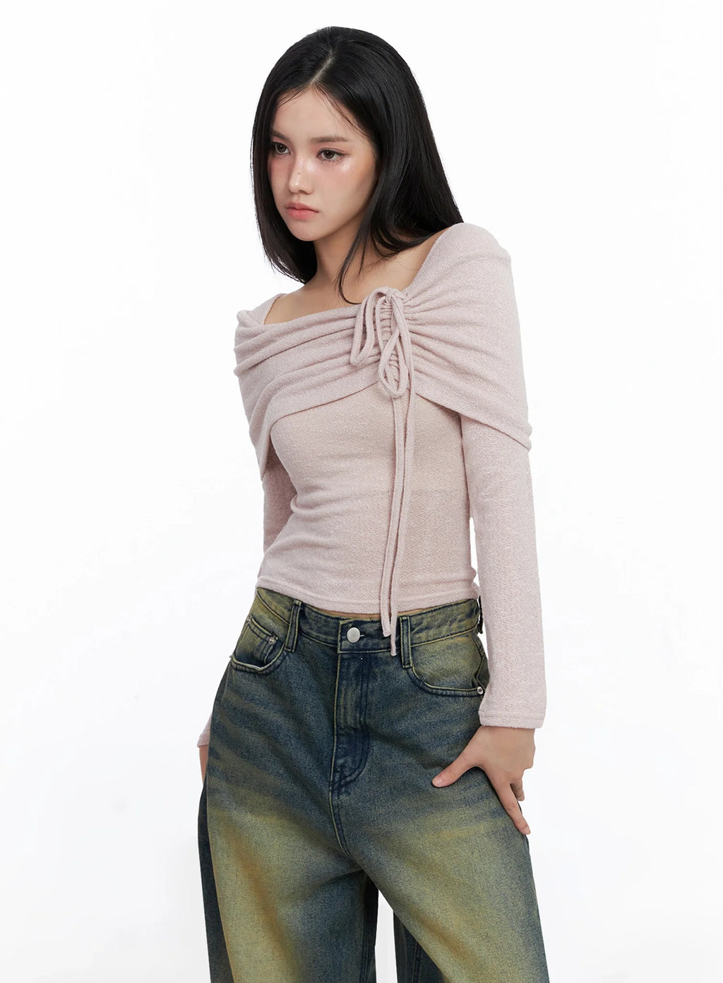 Ribbon Off-Shoulder Knit Top IS525