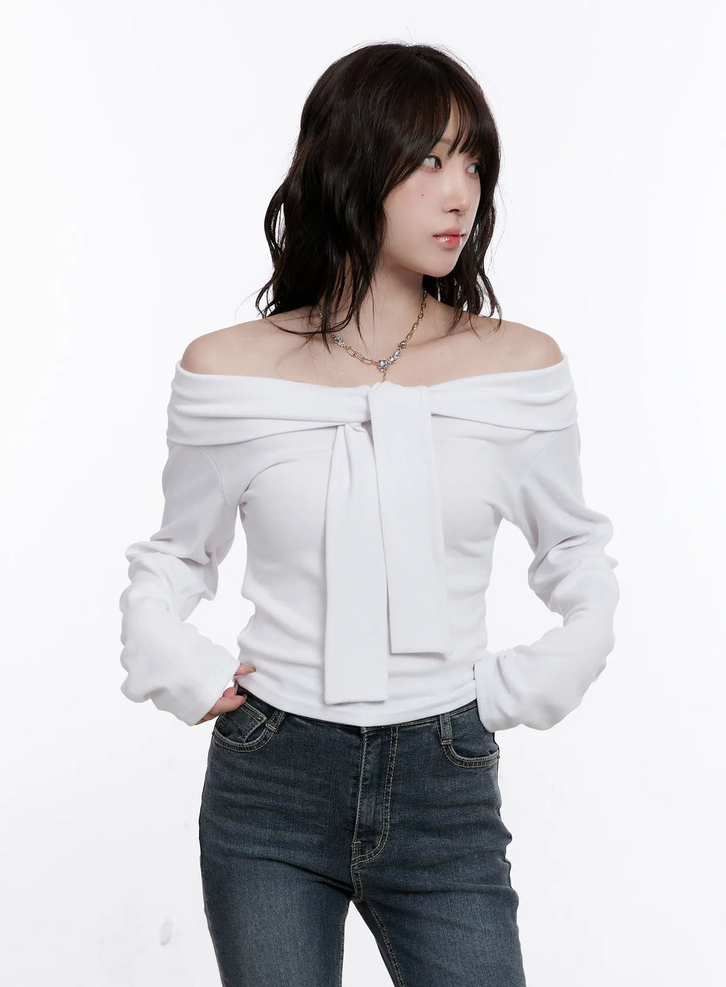 Off-Shoulder Bow Tie Long Sleeve Top CS530