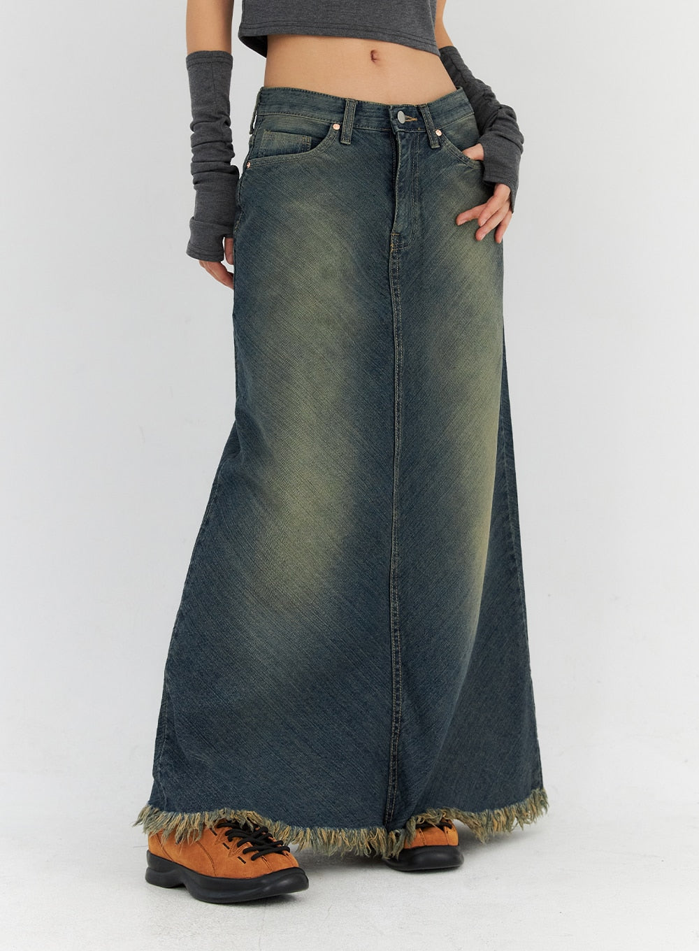 Washed Denim Maxi Skirt CN314