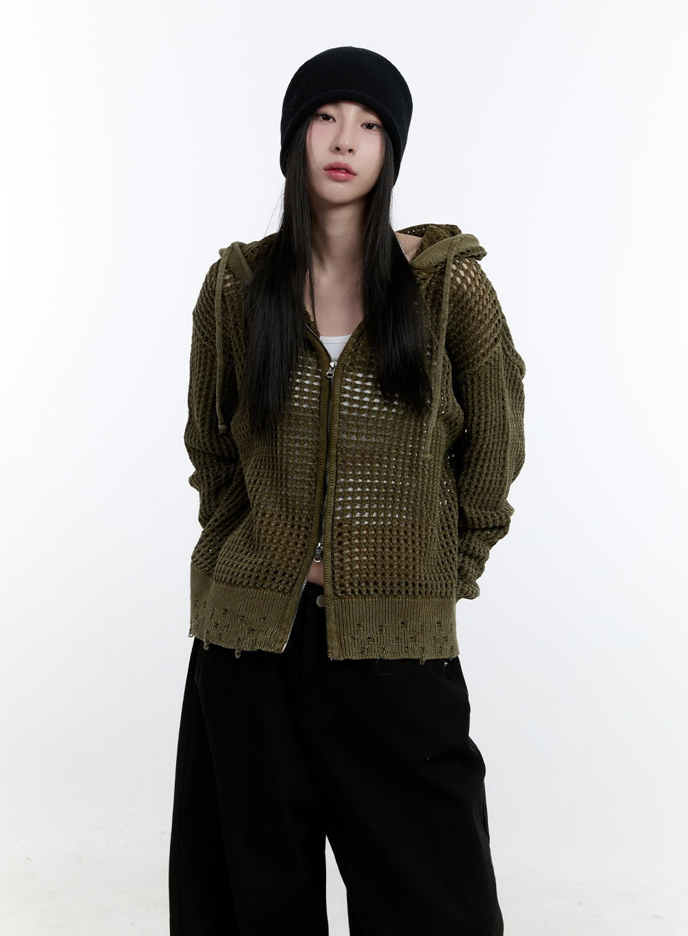 Damaged Mesh Zip-Up Hoodie CJ521