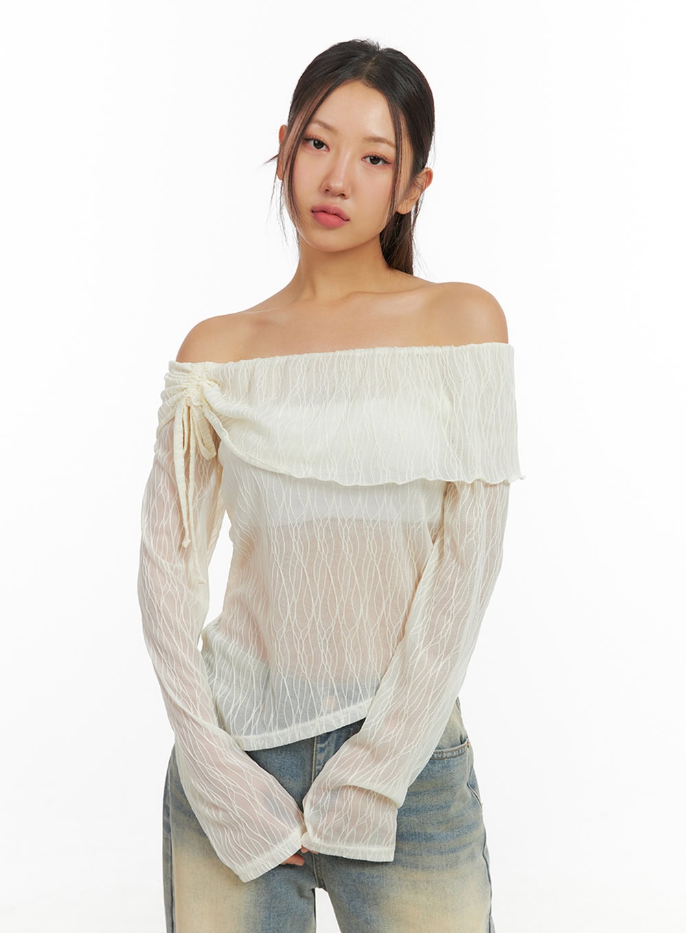 See-Through Textured Off-Shoulder Top IS402