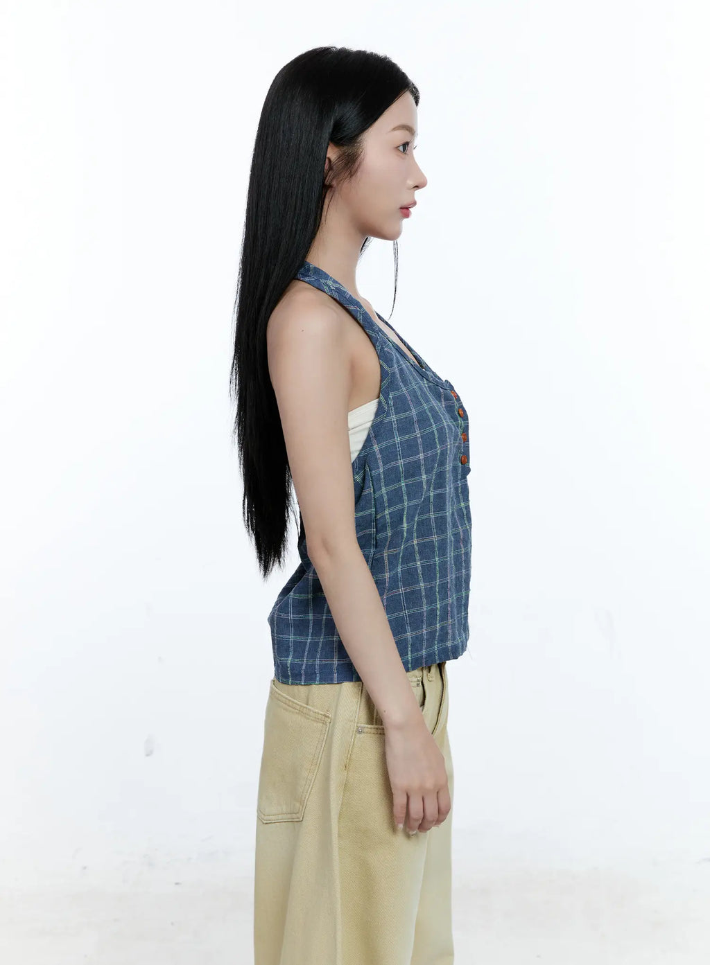 Plaid Button Halter Top CG507