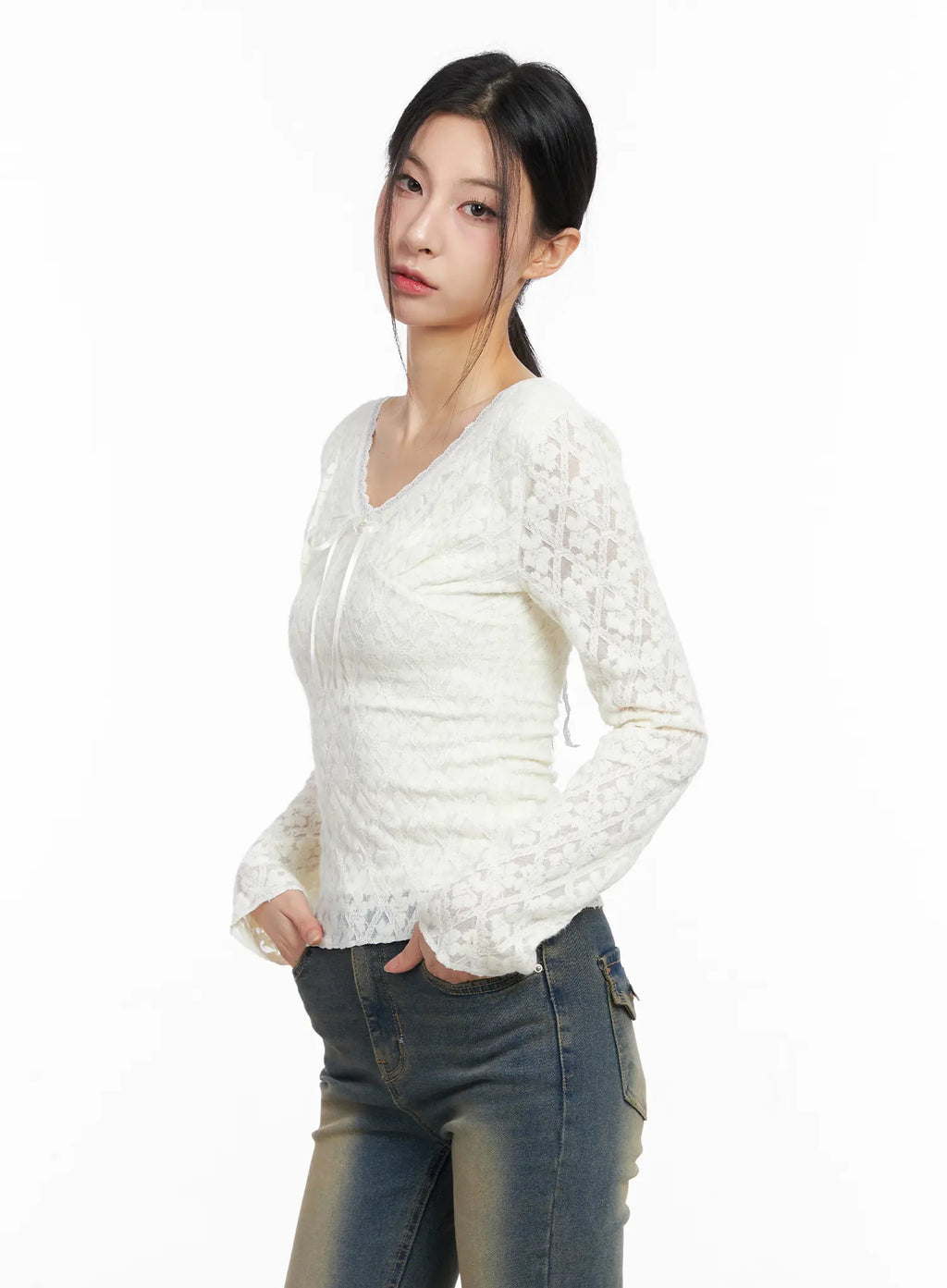 Ribbon V-neck Long Sleeve Top CC1109