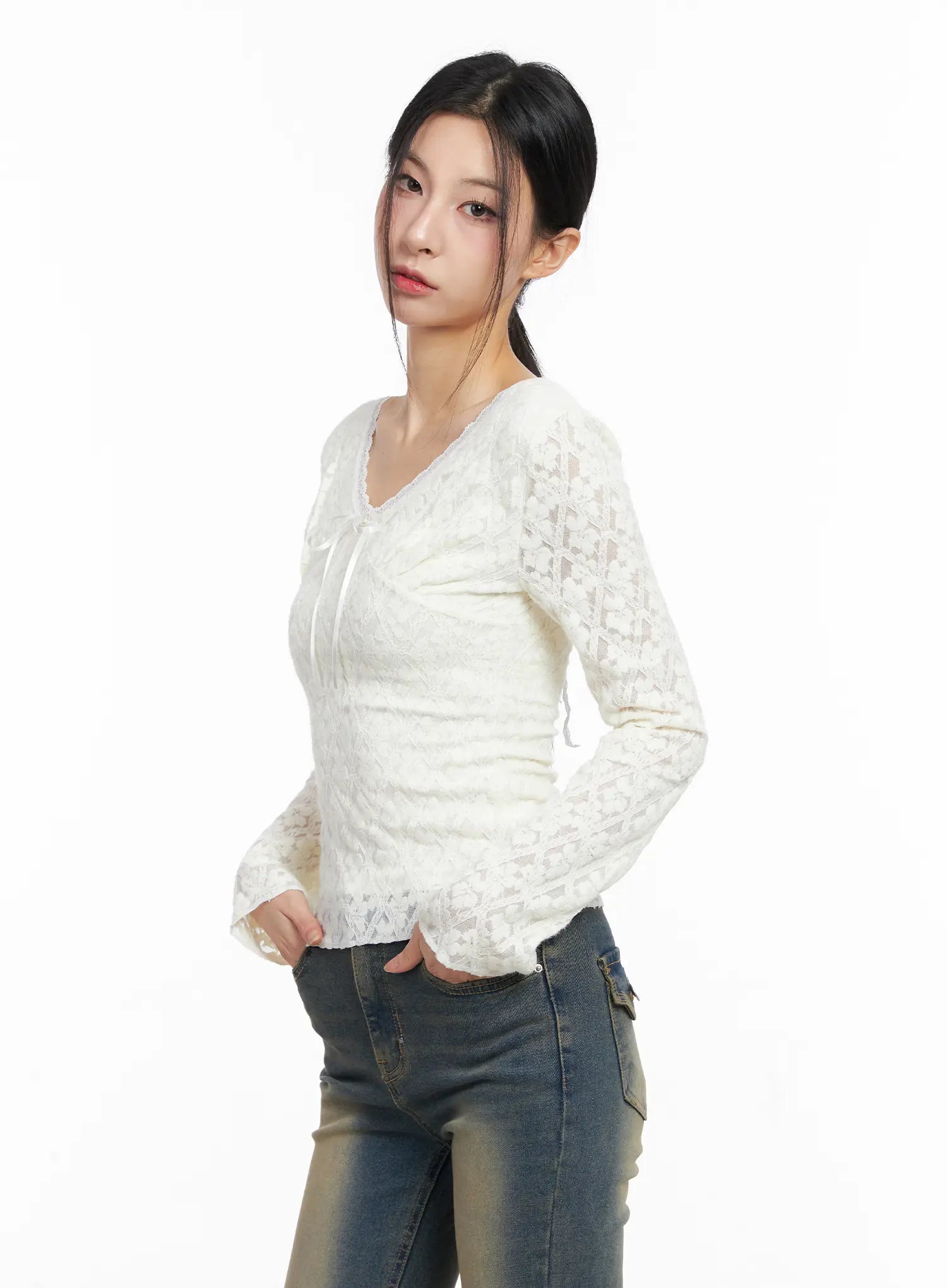 Ribbon V-neck Long Sleeve Top CC1109