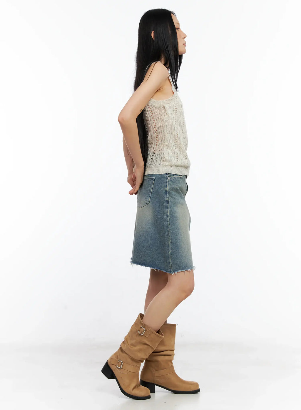 Frayed-Hem Denim Midi Skirt CL529