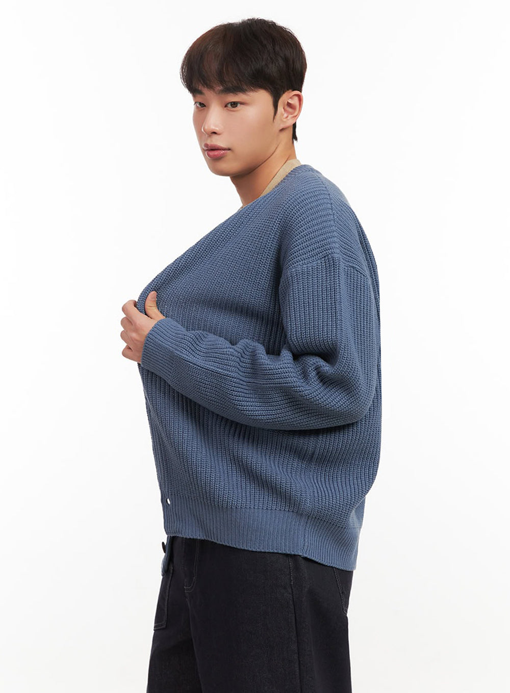 Men's Ribbed Buttoned Round-Neck Cardigan IF517