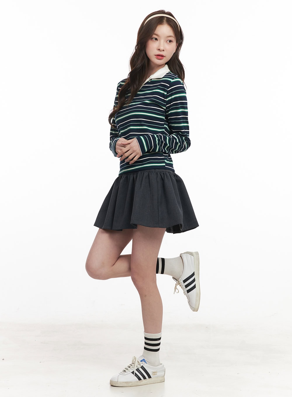 Striped Long-Sleeve Collared Top CM511