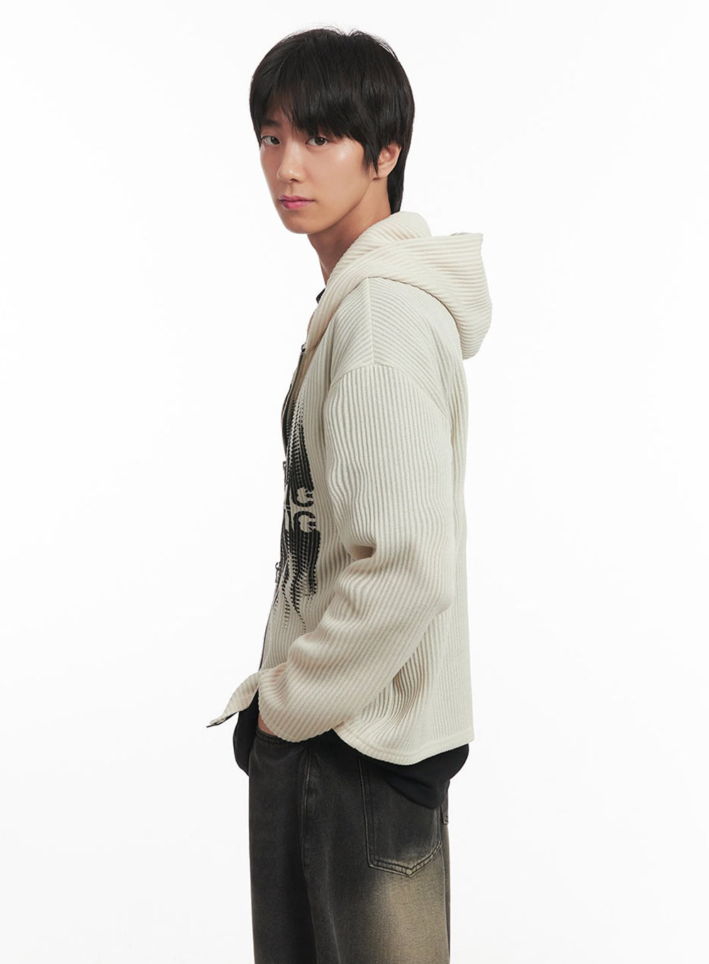 Men's Ribbed Knit Graphic Hooded Jacket IA511