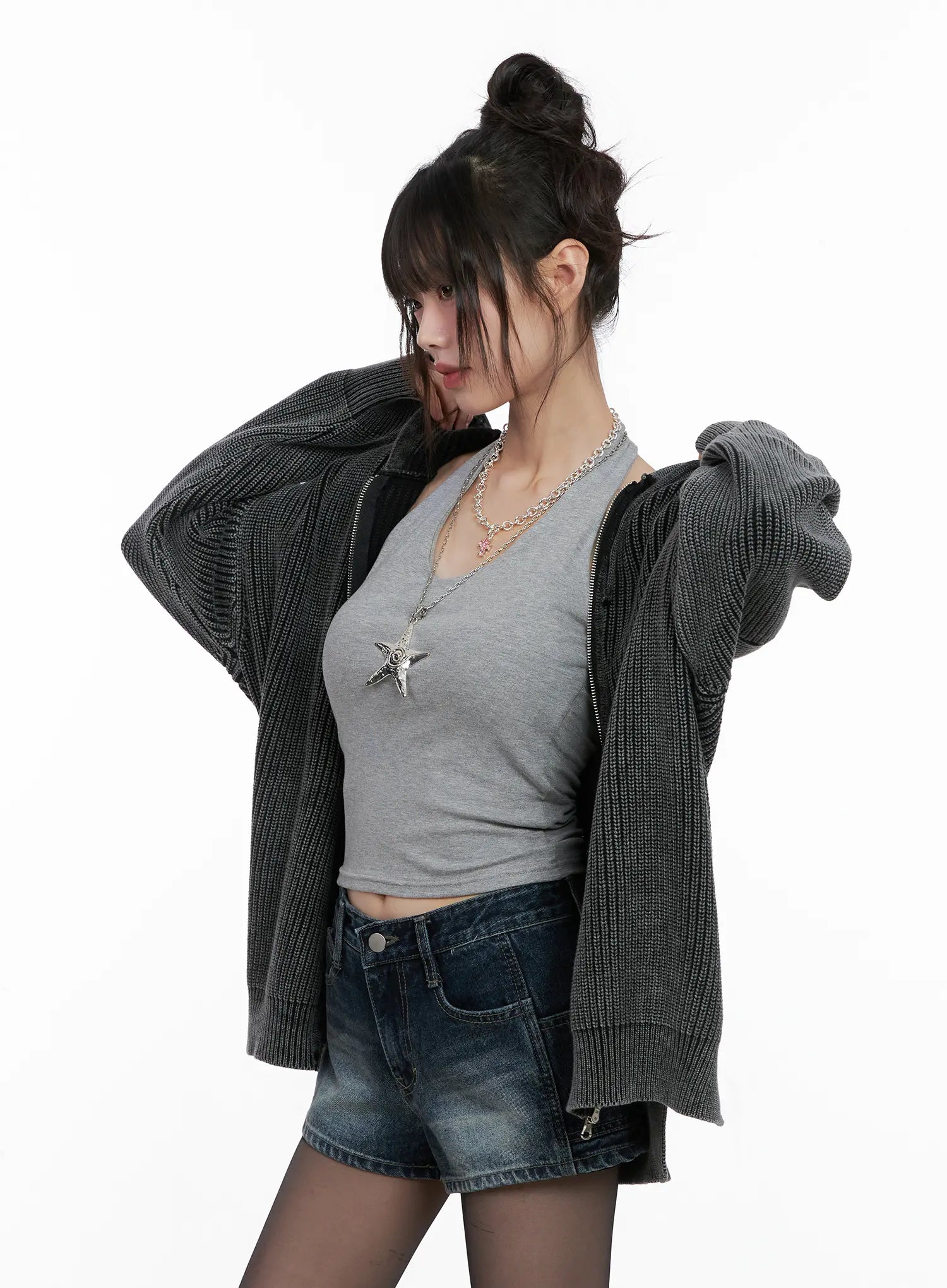 Chunky Washed Knit Hoodie Zip-Up CG518