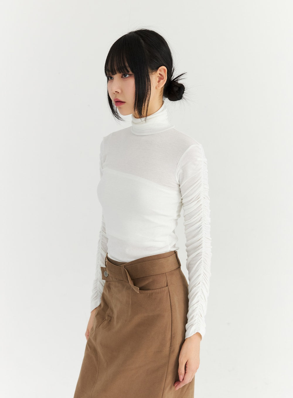 Shirring Sleeve Turtleneck Top CN307