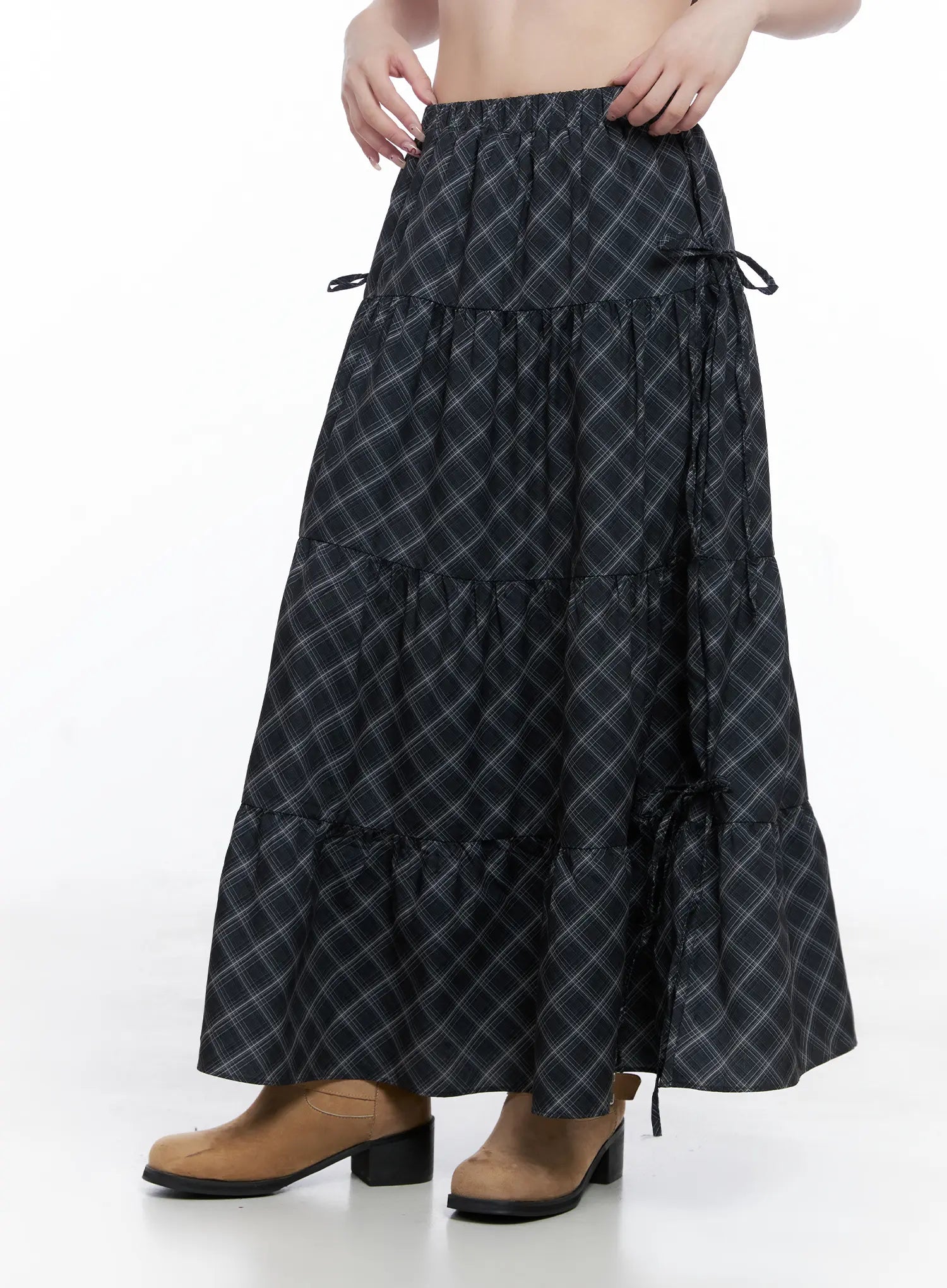 Plaid Maxi Skirt with Ribbon Details CG529