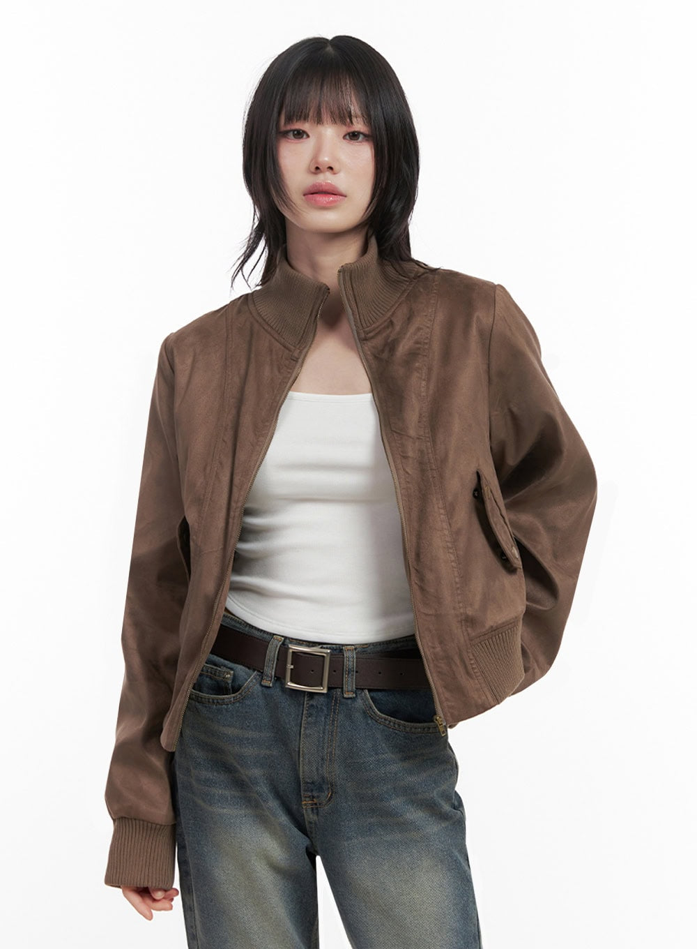 Zip-Up Suede Bomber Jacket ID402