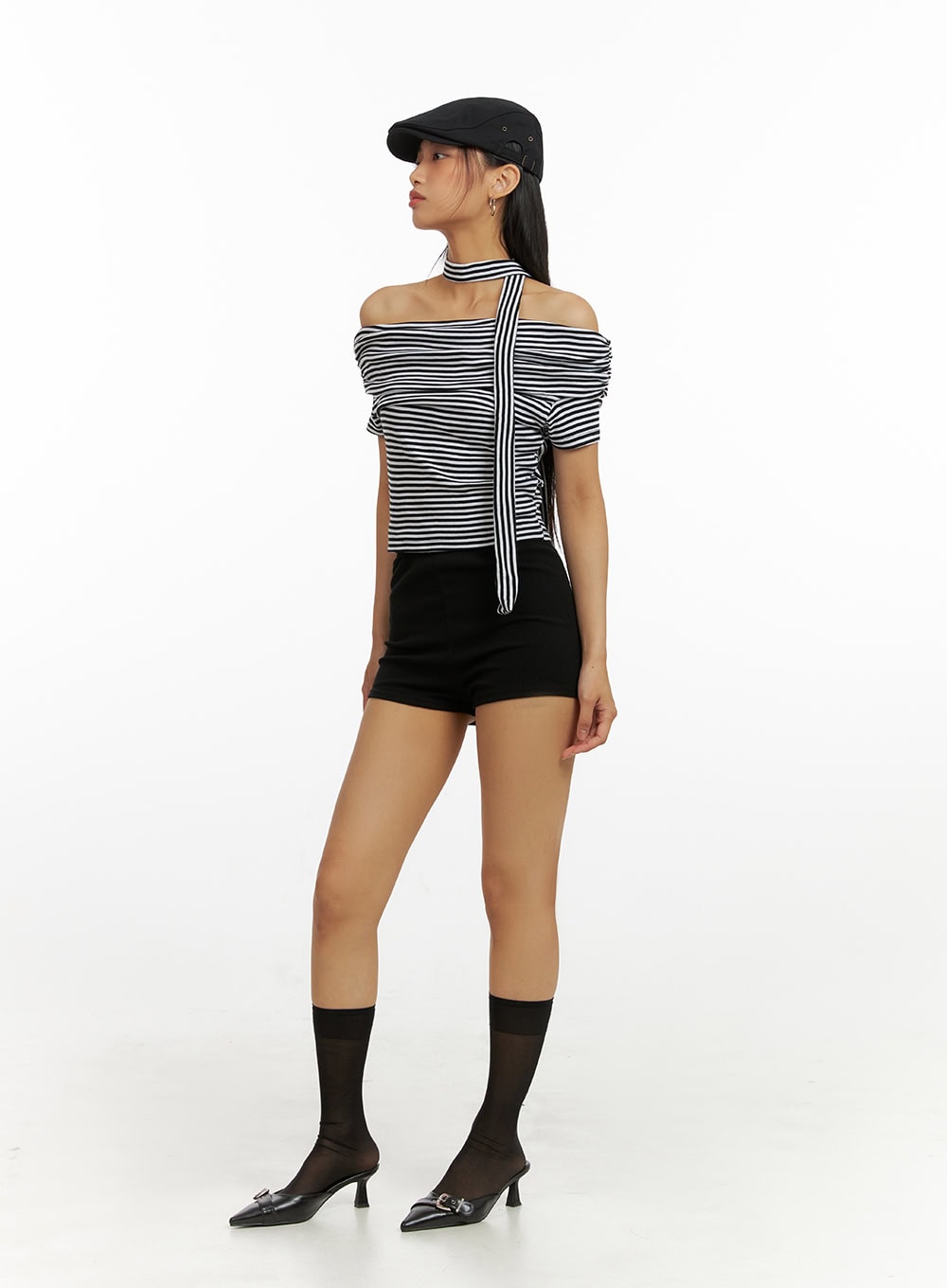 Cotton Stripe Shirred Off Shoulder Crop Top with Scarf IU412