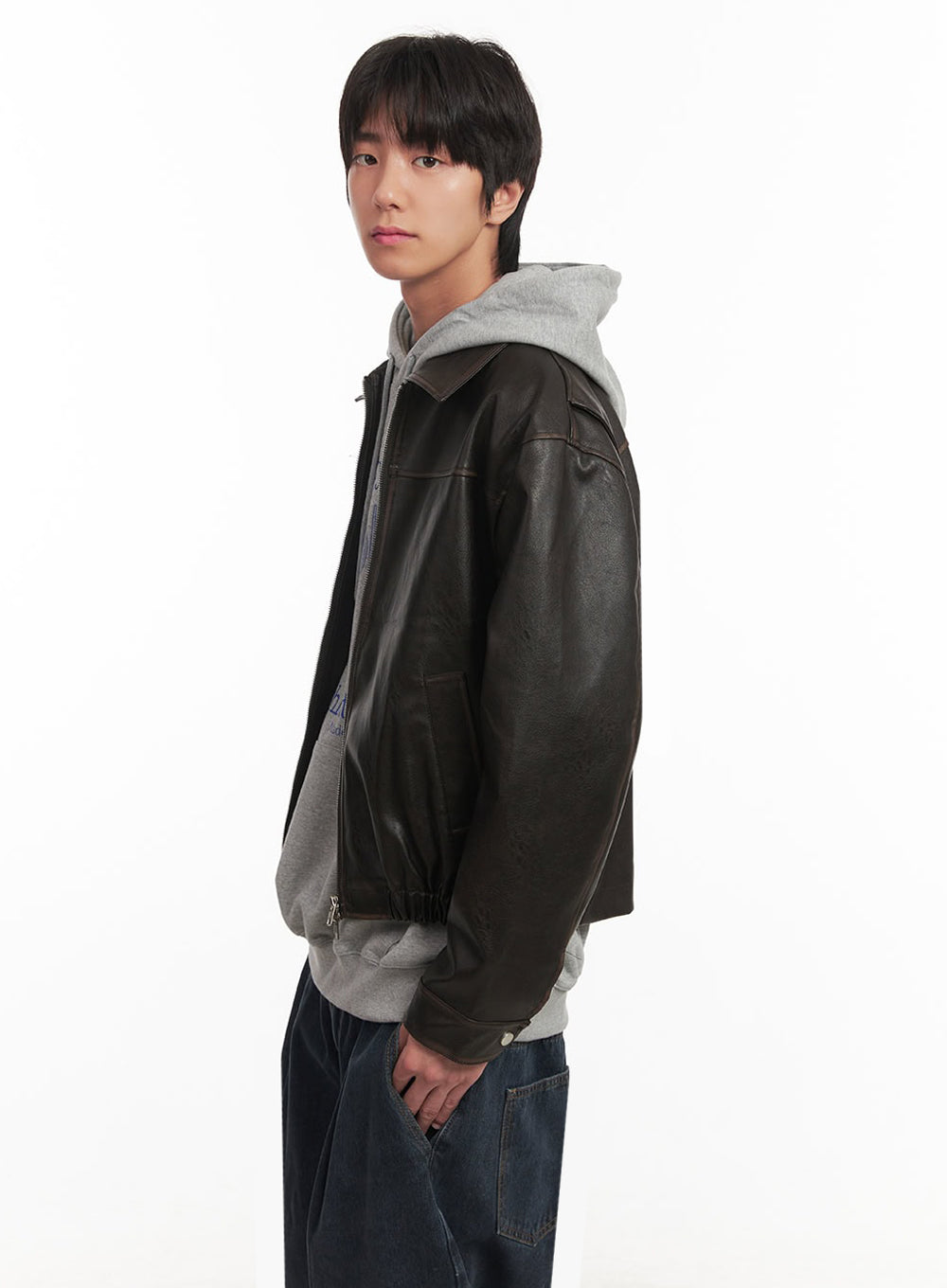 Men's Vintage Faux-Leather Collared Jacket IA510