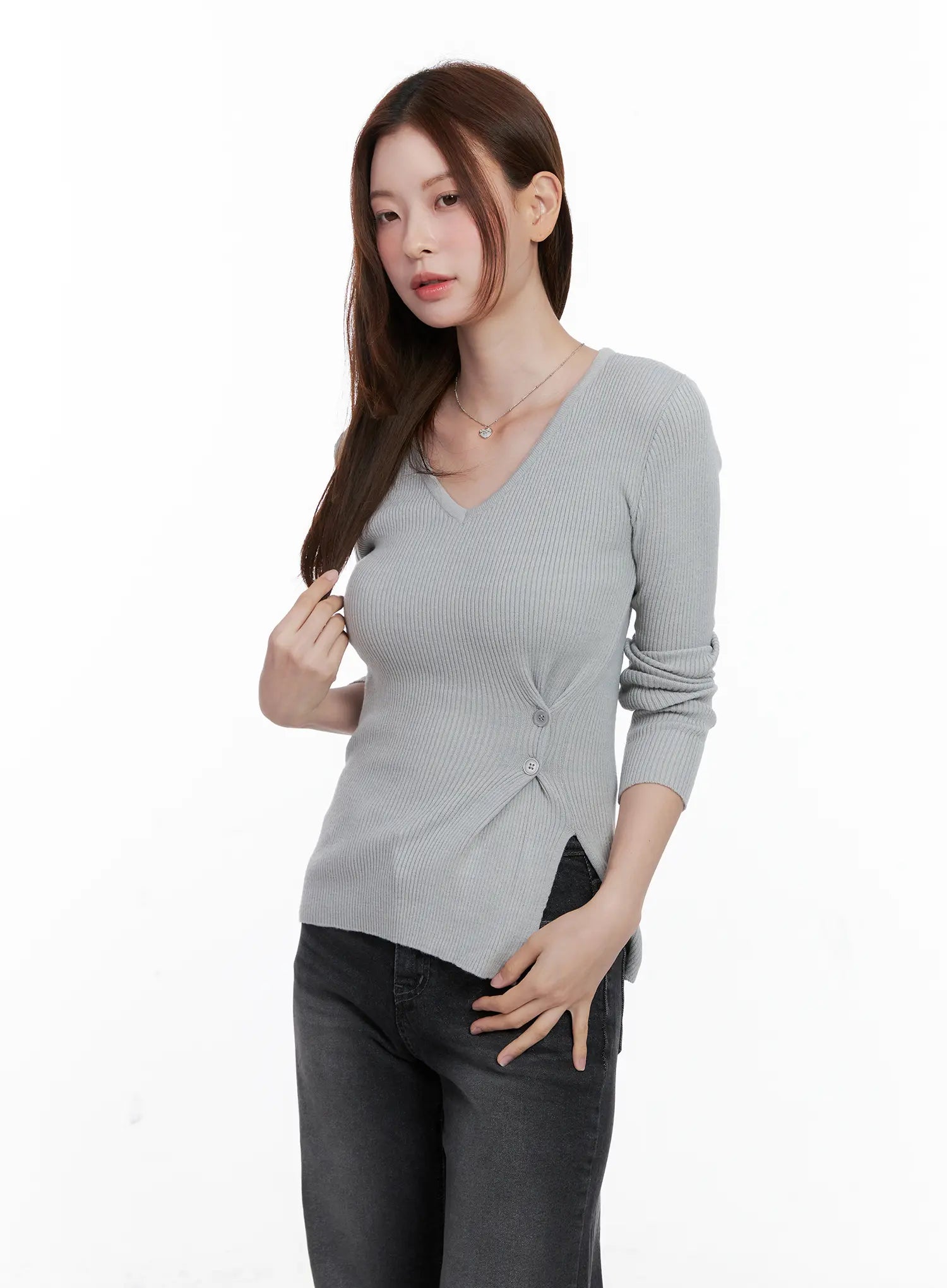 Ribbed V-Neck Long-Sleeve Knit Top CG521