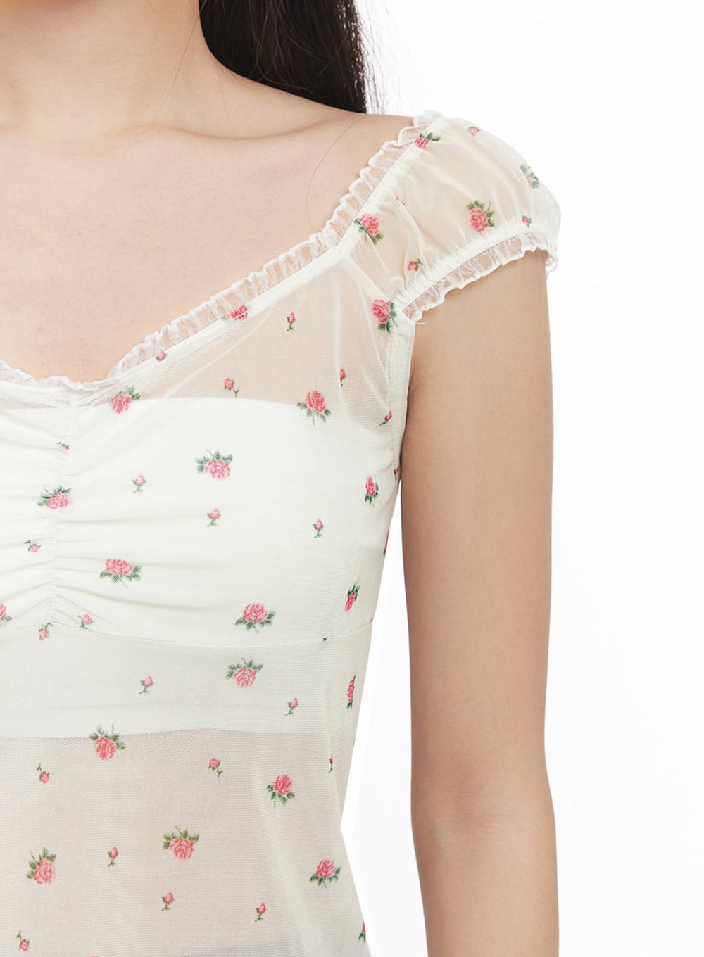 Sheer Floral Lace Shirred Top IM525