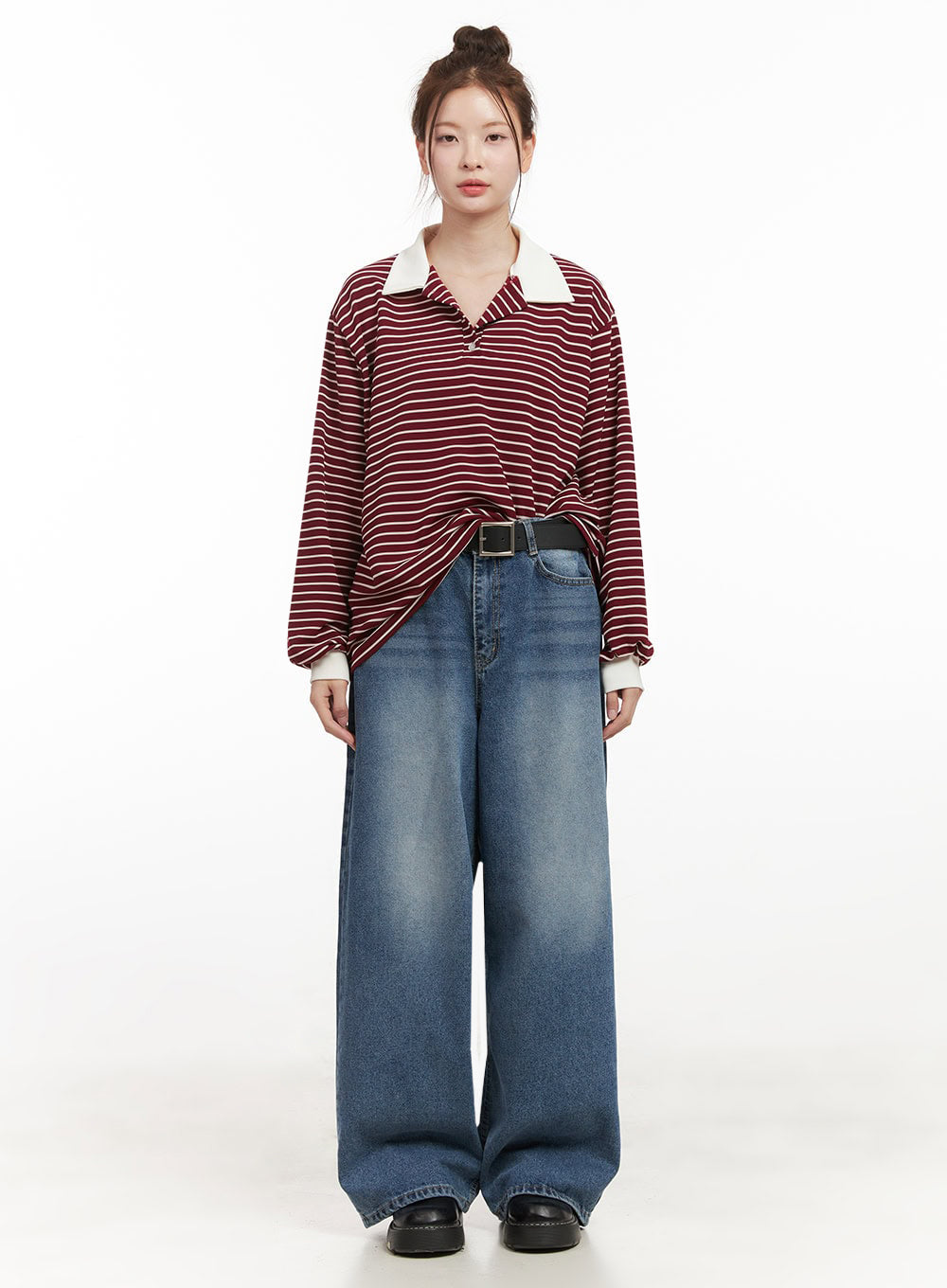 Oversized Stripe Collared Long Sleeve Top IJ527