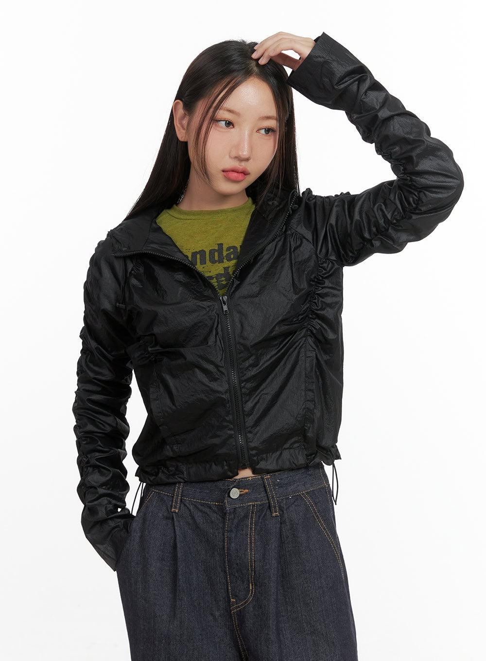 Shirred Hooded Nylon Crop Jacket CO402