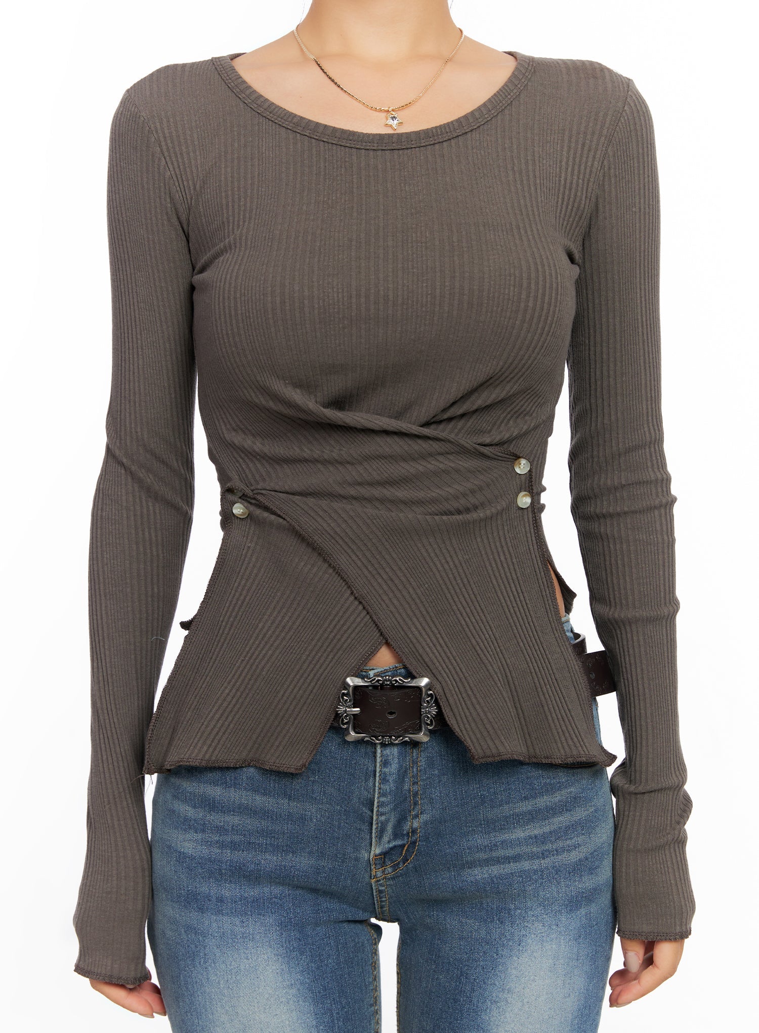 Ribbed U-Neck Button Detail Long Sleeve Top CO514