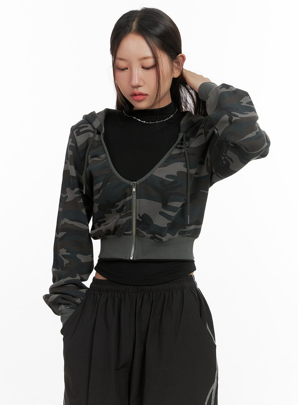 Camo Cropped Hoodie Zip-up CO402