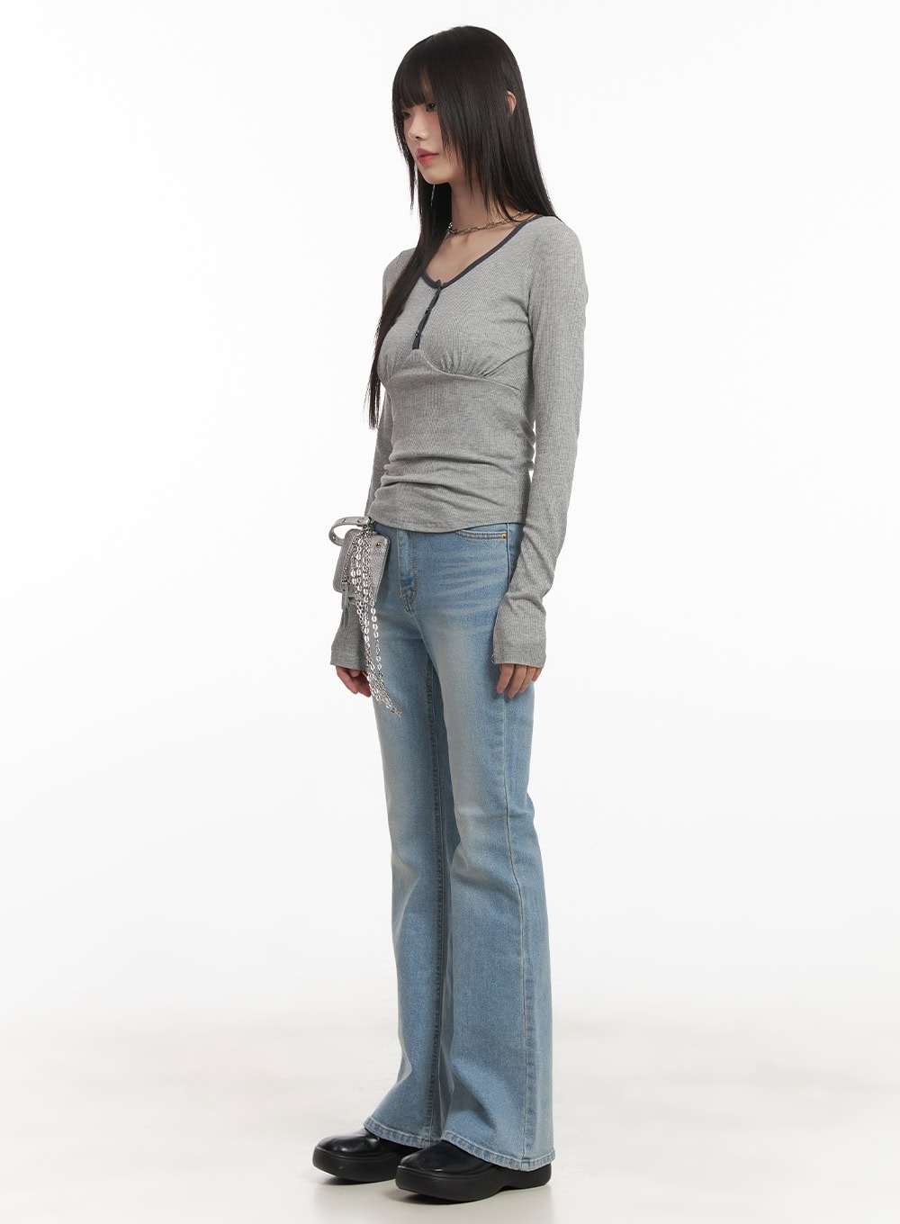 Shirred U-Neck Long-Sleeve Top CF519