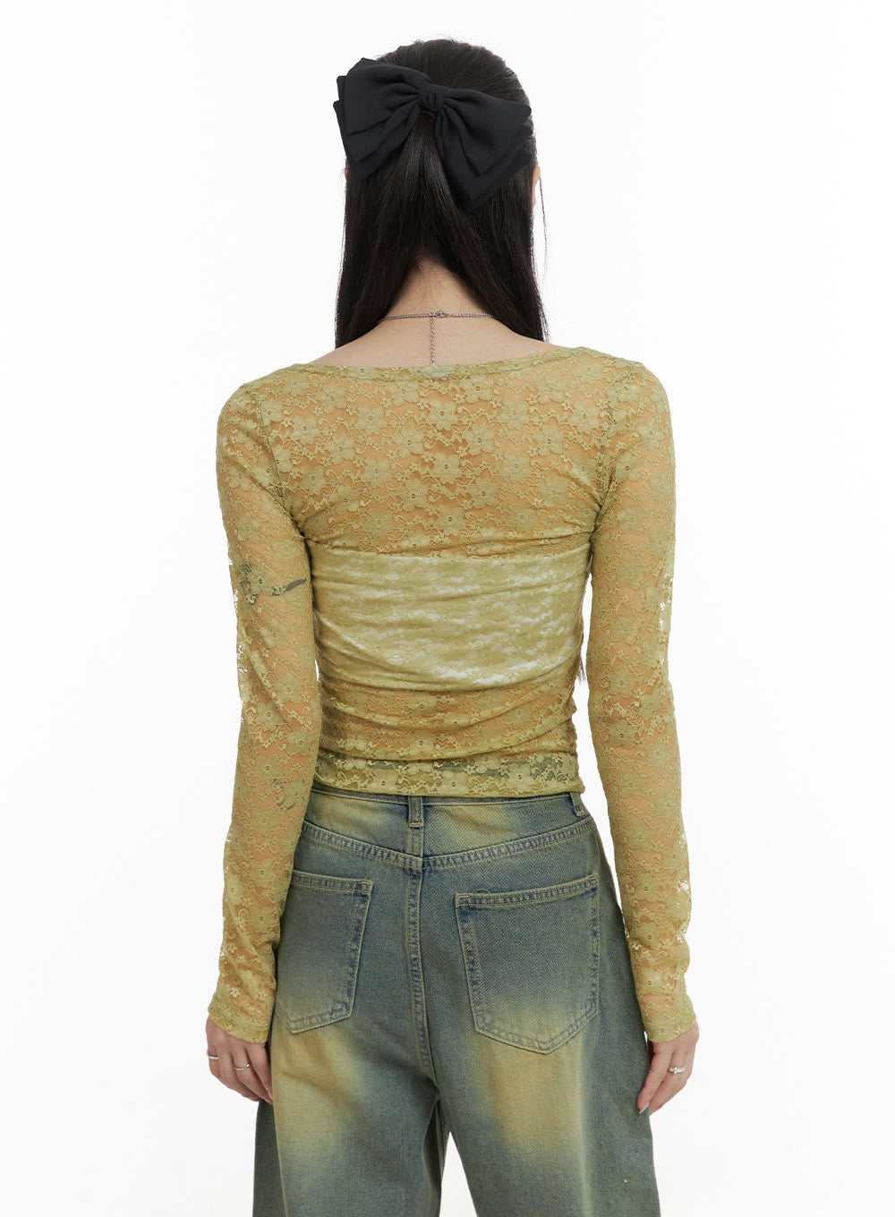 Lace Sheer U-Neck Long Sleeve Top OA425