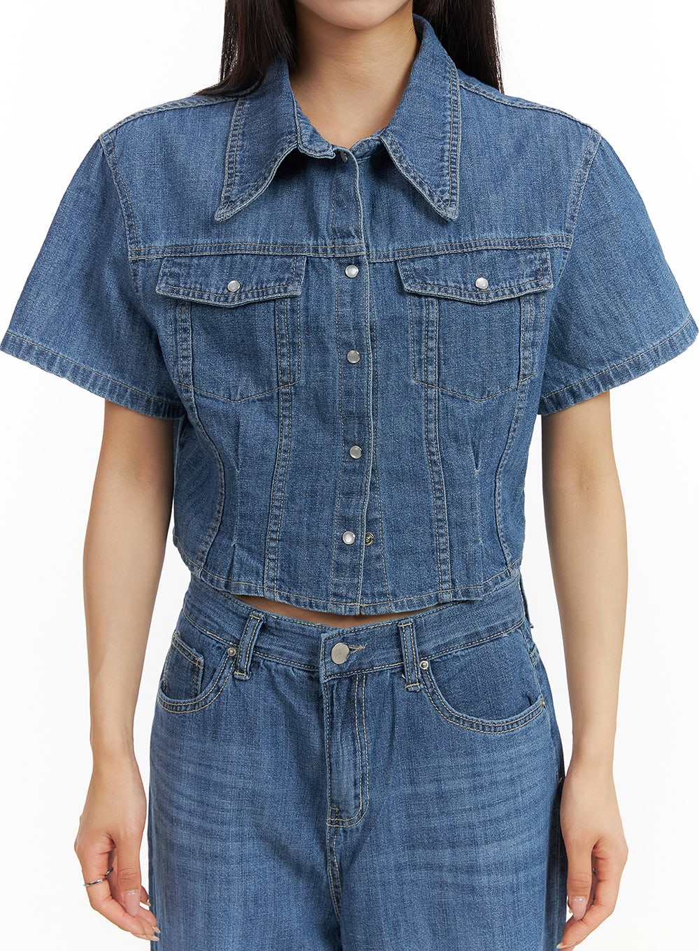 Pocketed Washed Denim Crop Shirt CY407