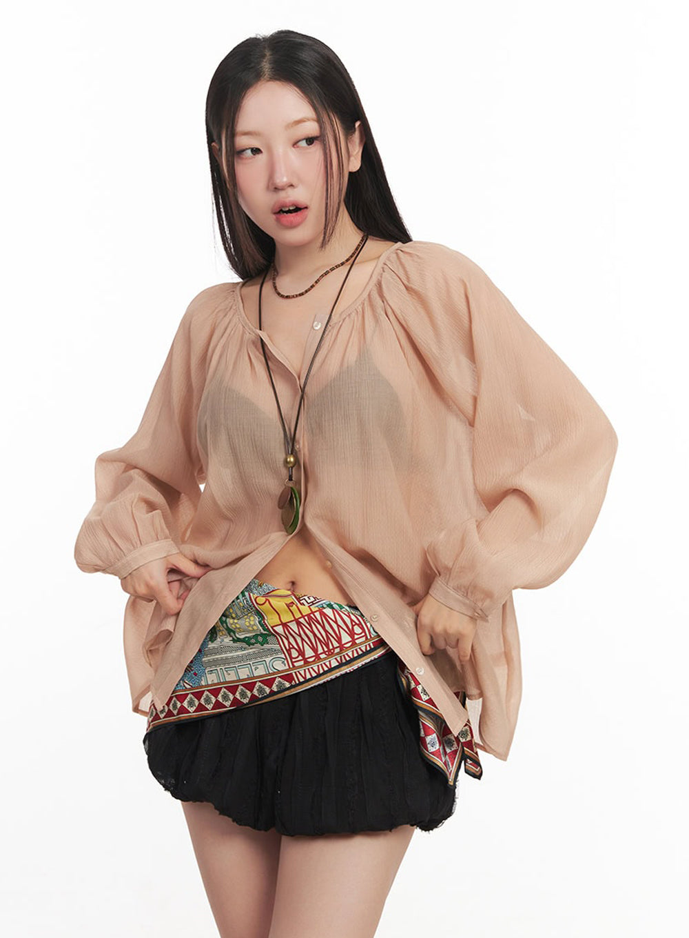 Shirred Sheer Buttoned Blouse IM528