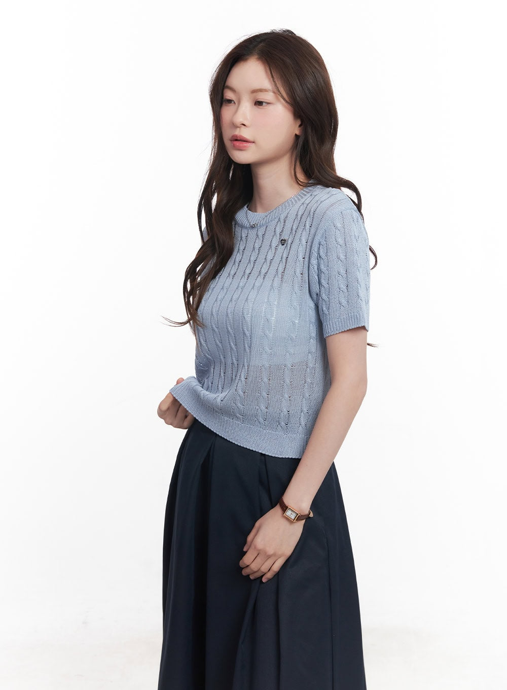 Cable-Knit Short-Sleeve Sweater CY515