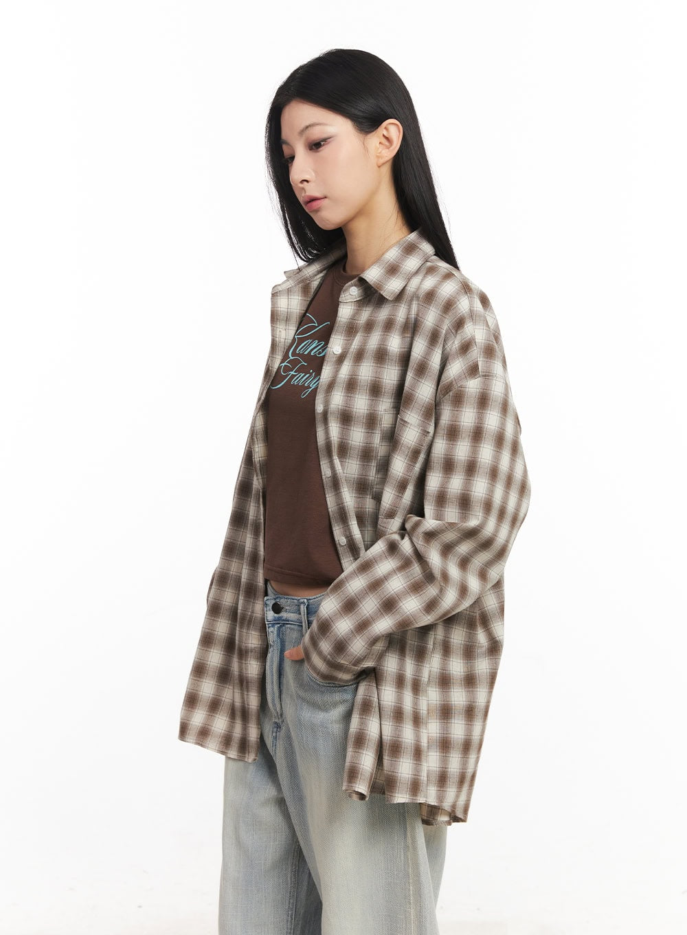 Oversized Plaid Print Button-Down Shirt CA514