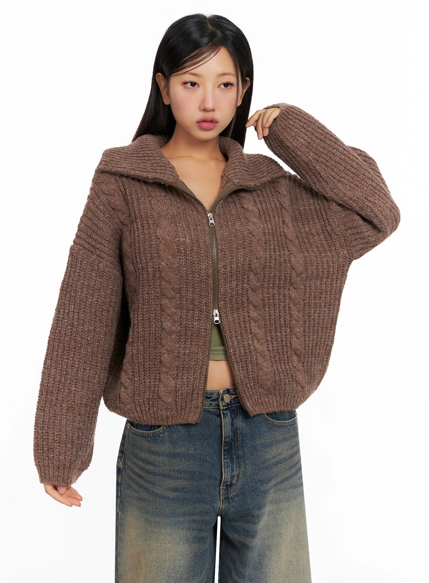 Chunky Knit Twist Zip-Up Cardigan IG528
