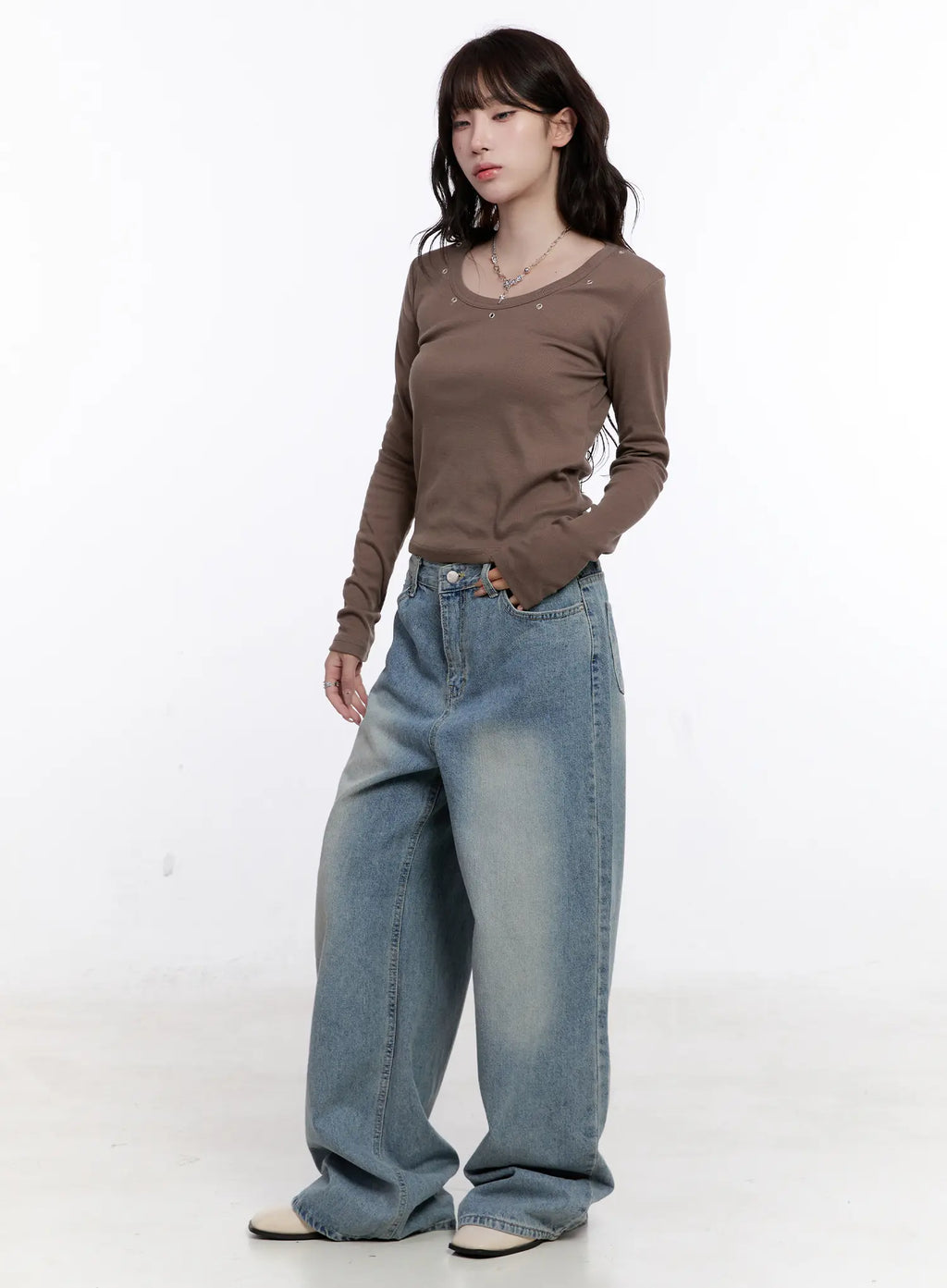 Ribbed U-Neck Eyelet Long Sleeve Top CS530