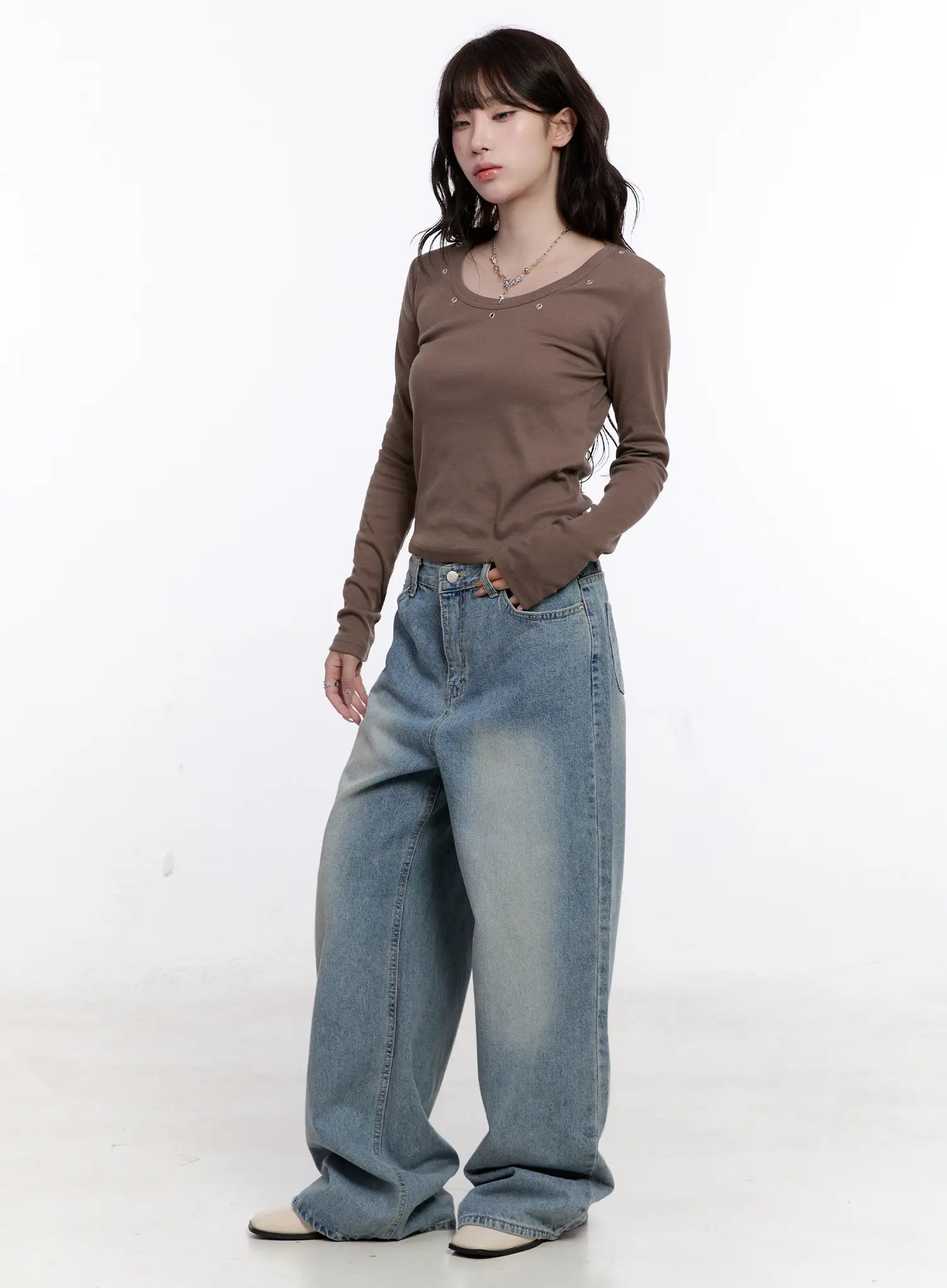 Ribbed U-Neck Eyelet Long Sleeve Top CS530