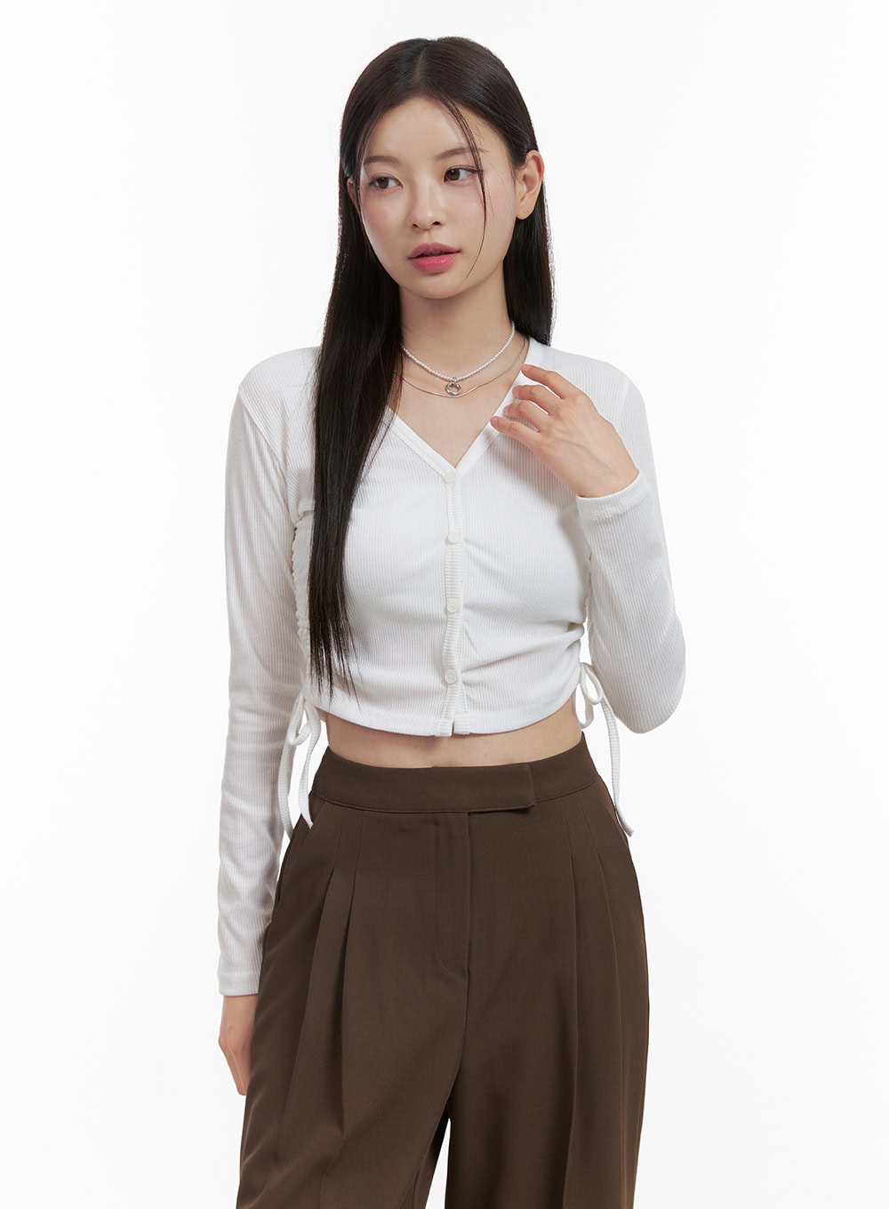 V-Neck Buttoned Shirred Crop Top OO416
