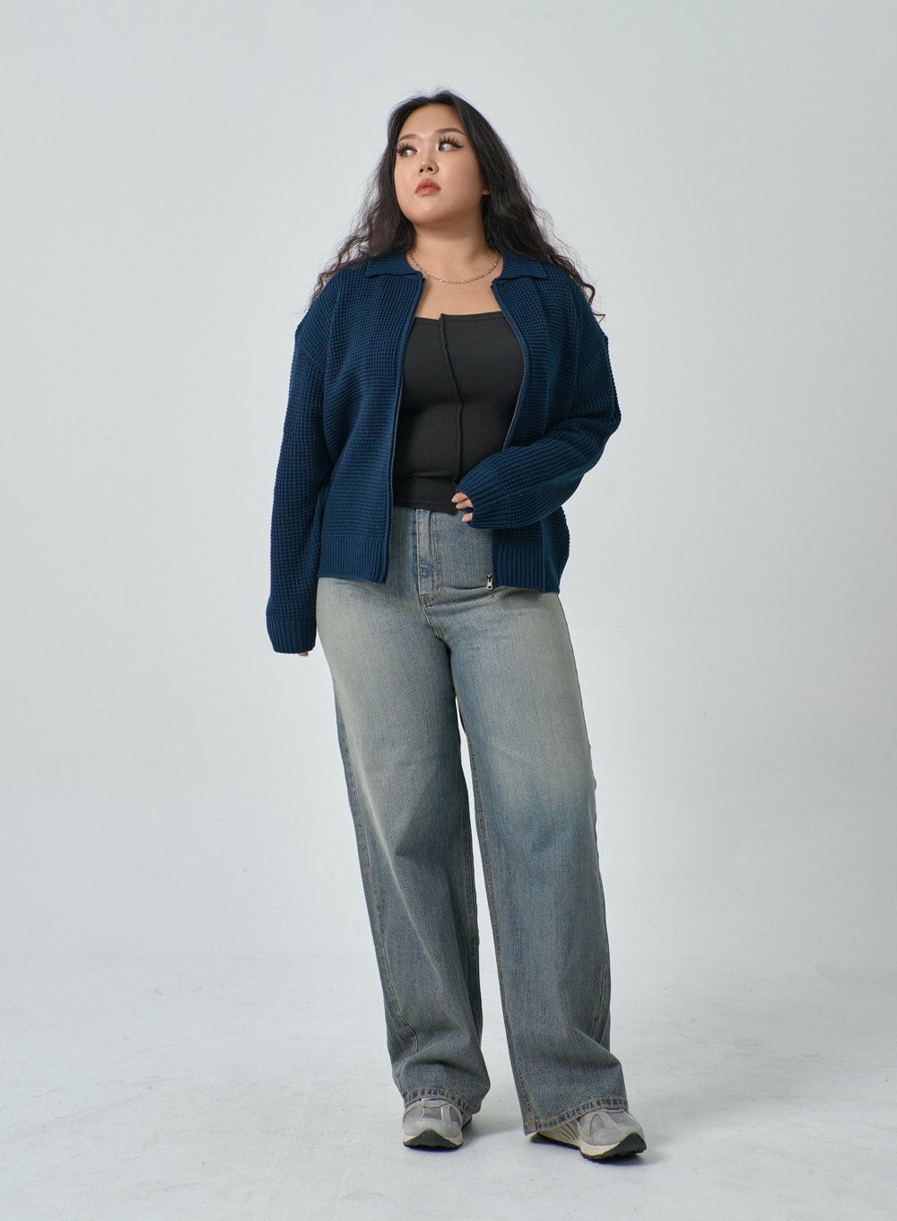 Plus Waffle Pattern Collared Two Way Zip-Up Knit