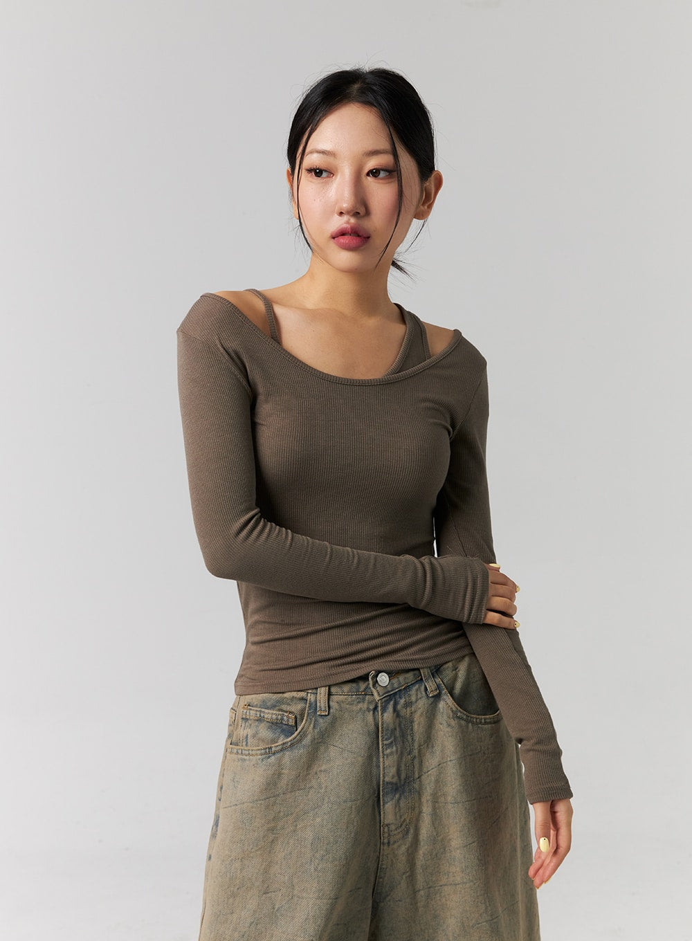 Ribbed Layered Cami and Long Sleeve Top CG316