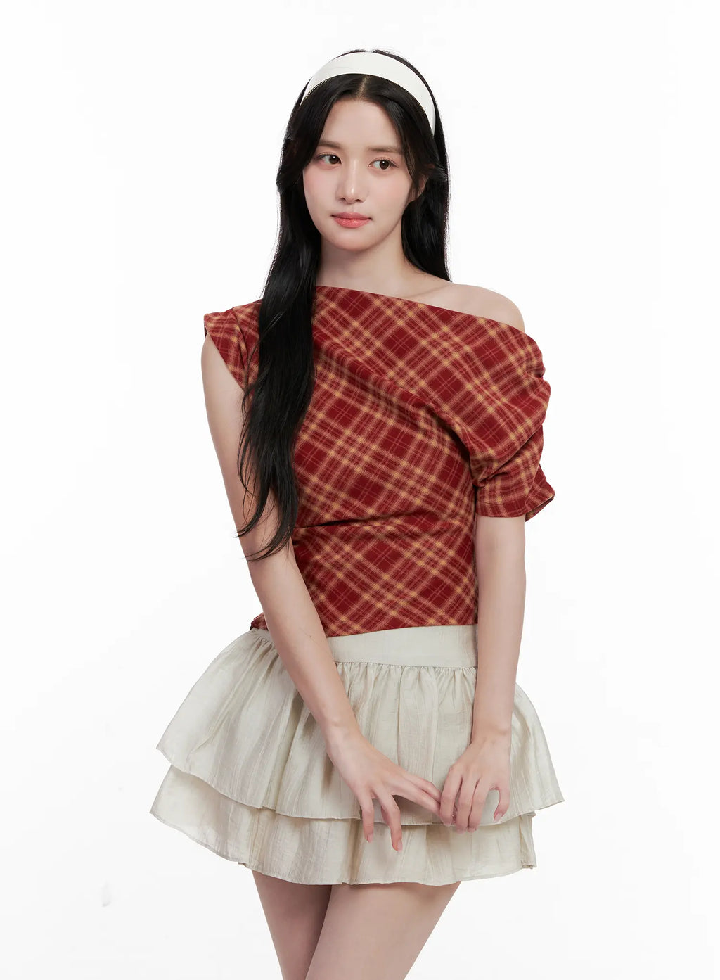 Plaid Asymmetric Ruched Off-Shoulder Top CL516