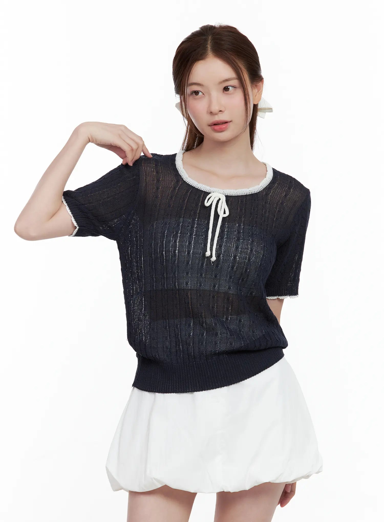Sheer-Knit Tie Sweater Top CL502